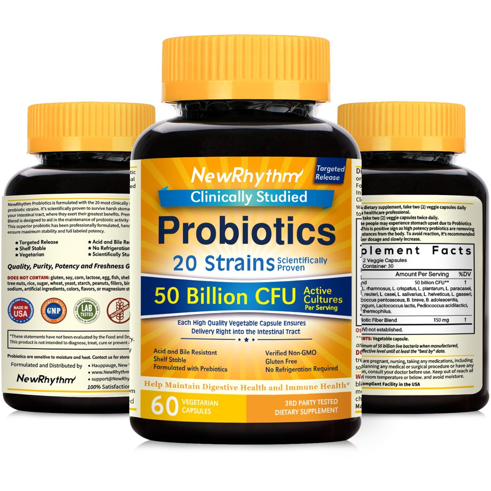 NewRhythm Probiotics 50 Billion CFU 20 Strains 120 Veggie Capsules Targeted R…