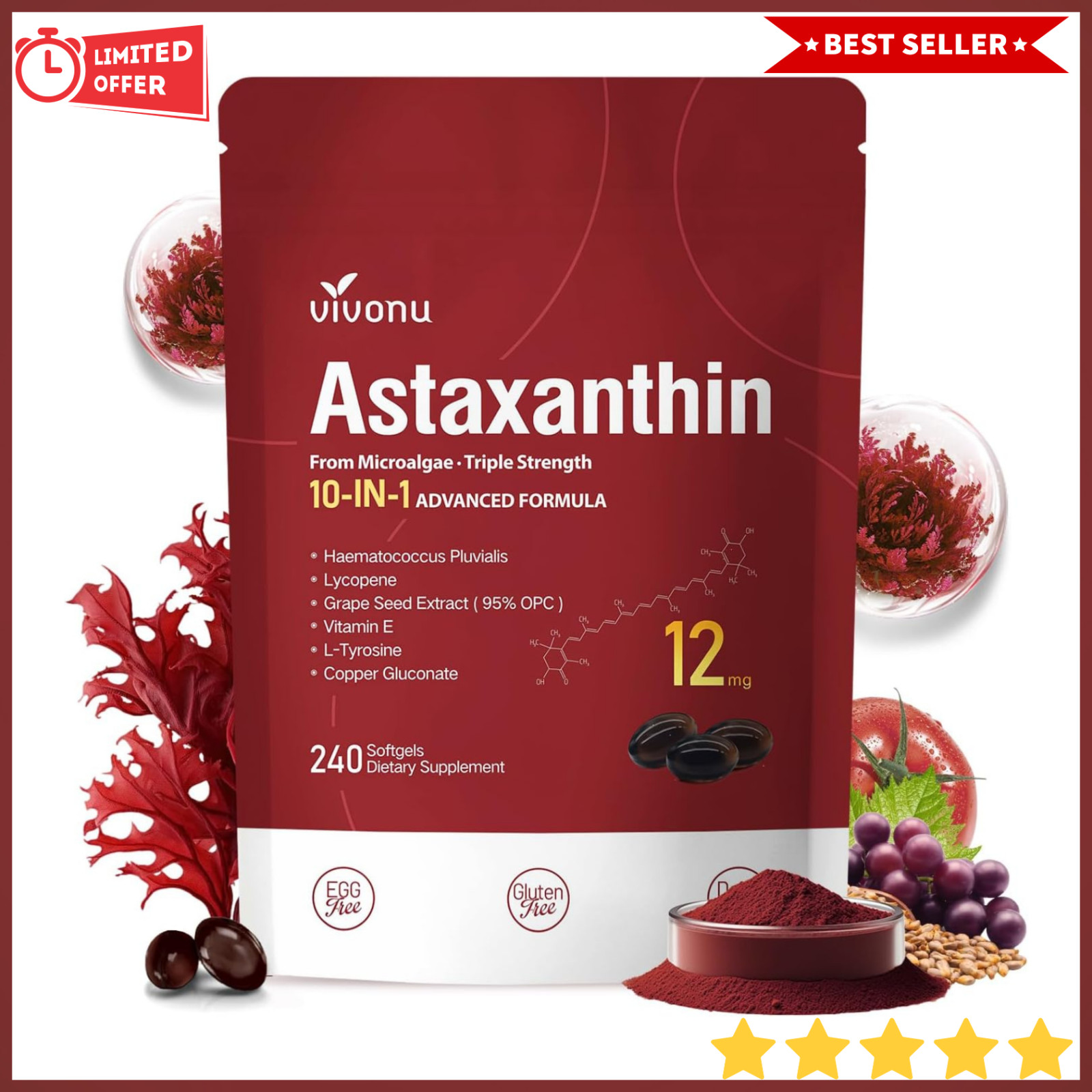 Astaxanthin 12mg 240 Softgels, 4 Month Supply,Triple Strength,Non-GMO,Eye Health