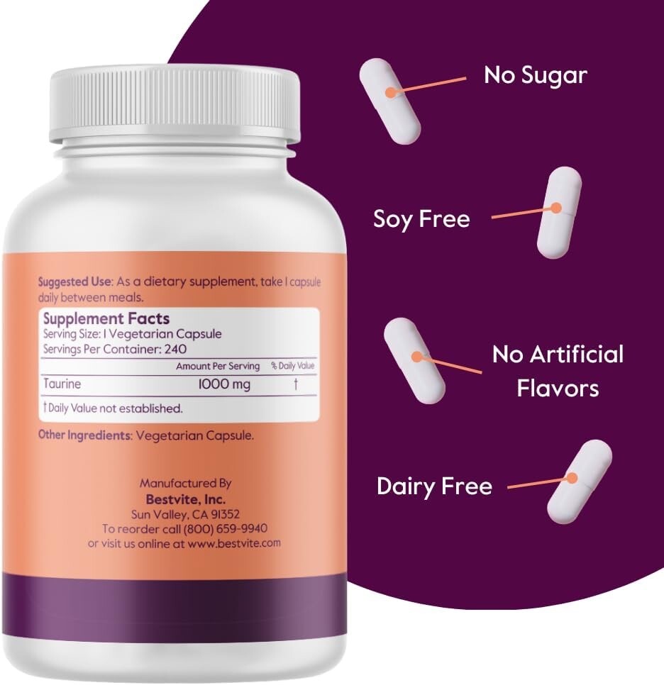 Taurine 1000mg per capsule (240 Vegetarian Capsules) – Vegan – No Stearates