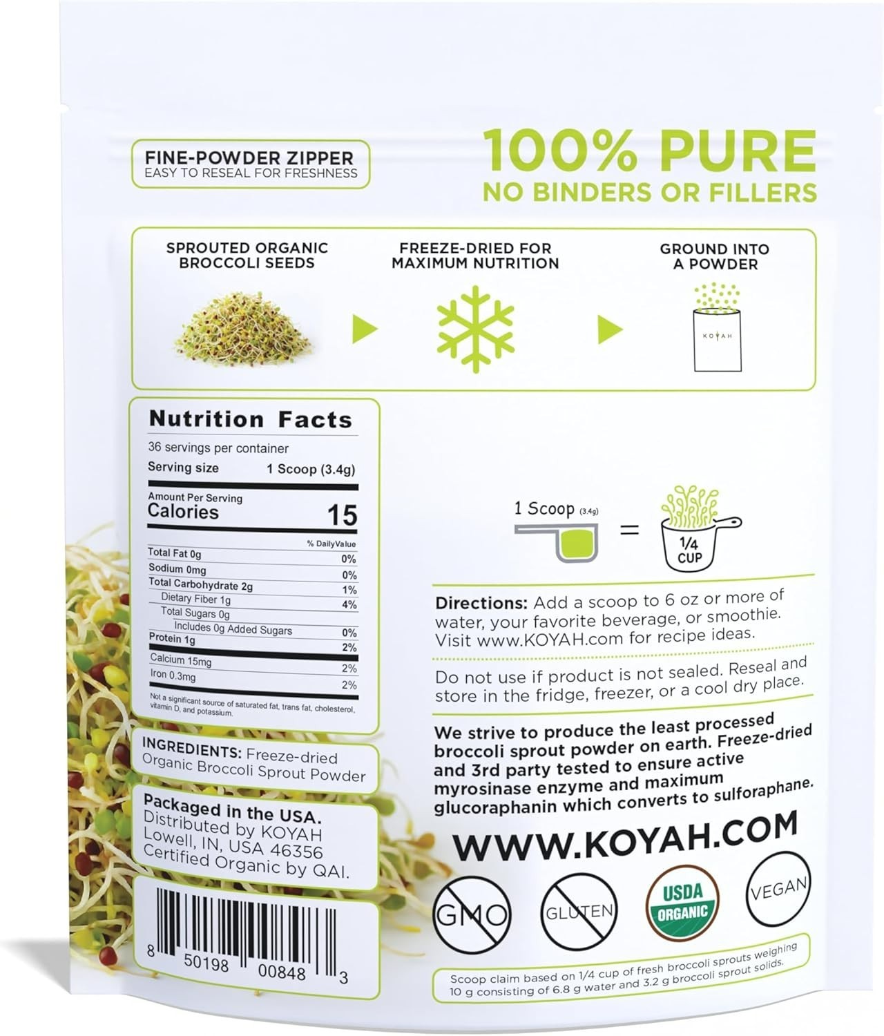 KOYAH Organic Broccoli Sprout Powder Freeze-Dried Sulforaphane 36 Servings