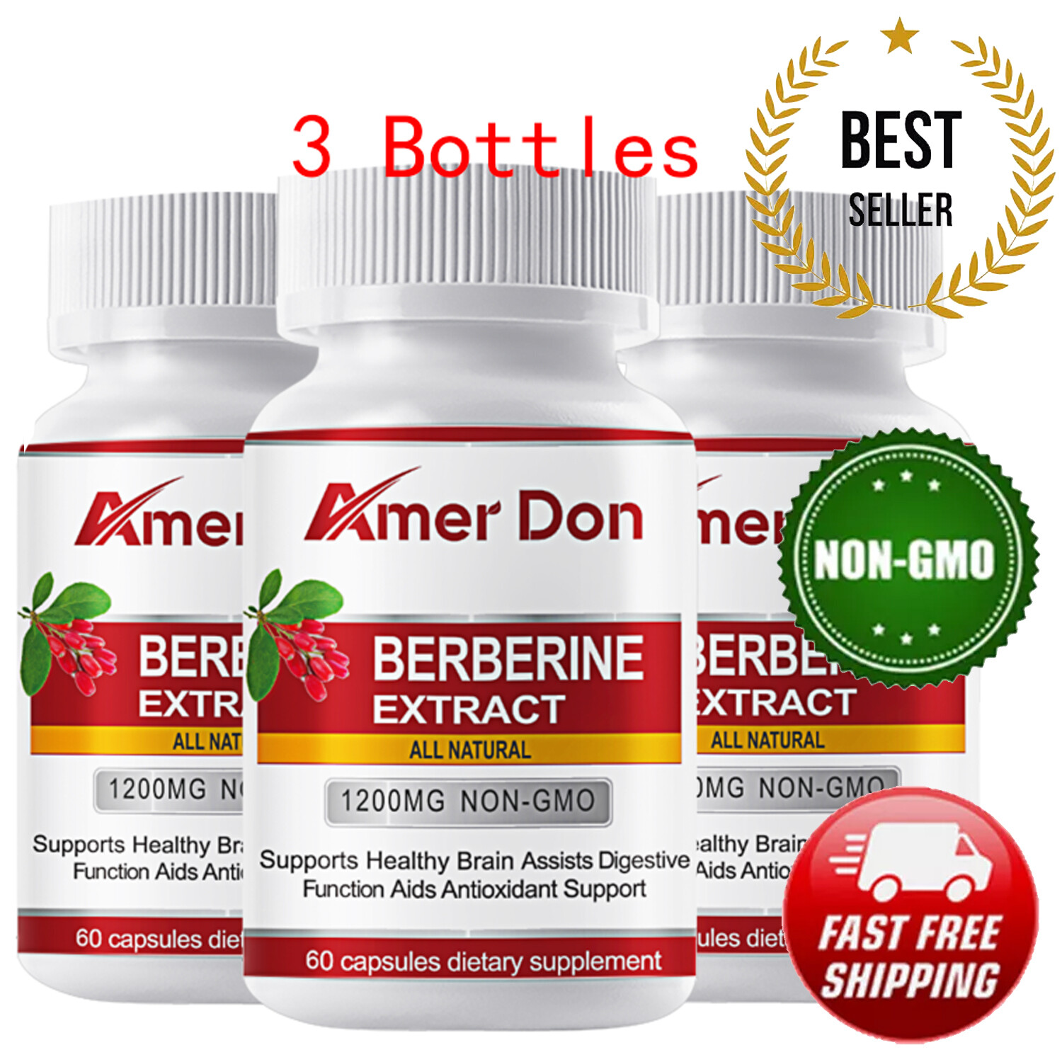 3Packs 1200mg Berberine Capsules, Natural HCL Extract, Healthy Cholesterol Caps