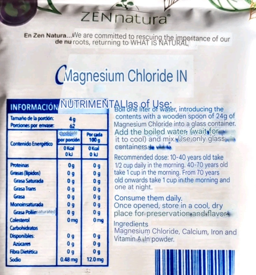 Cloruro de Magnesia ZENnatura Magnesium Chlorine 250gr Made In Mexico