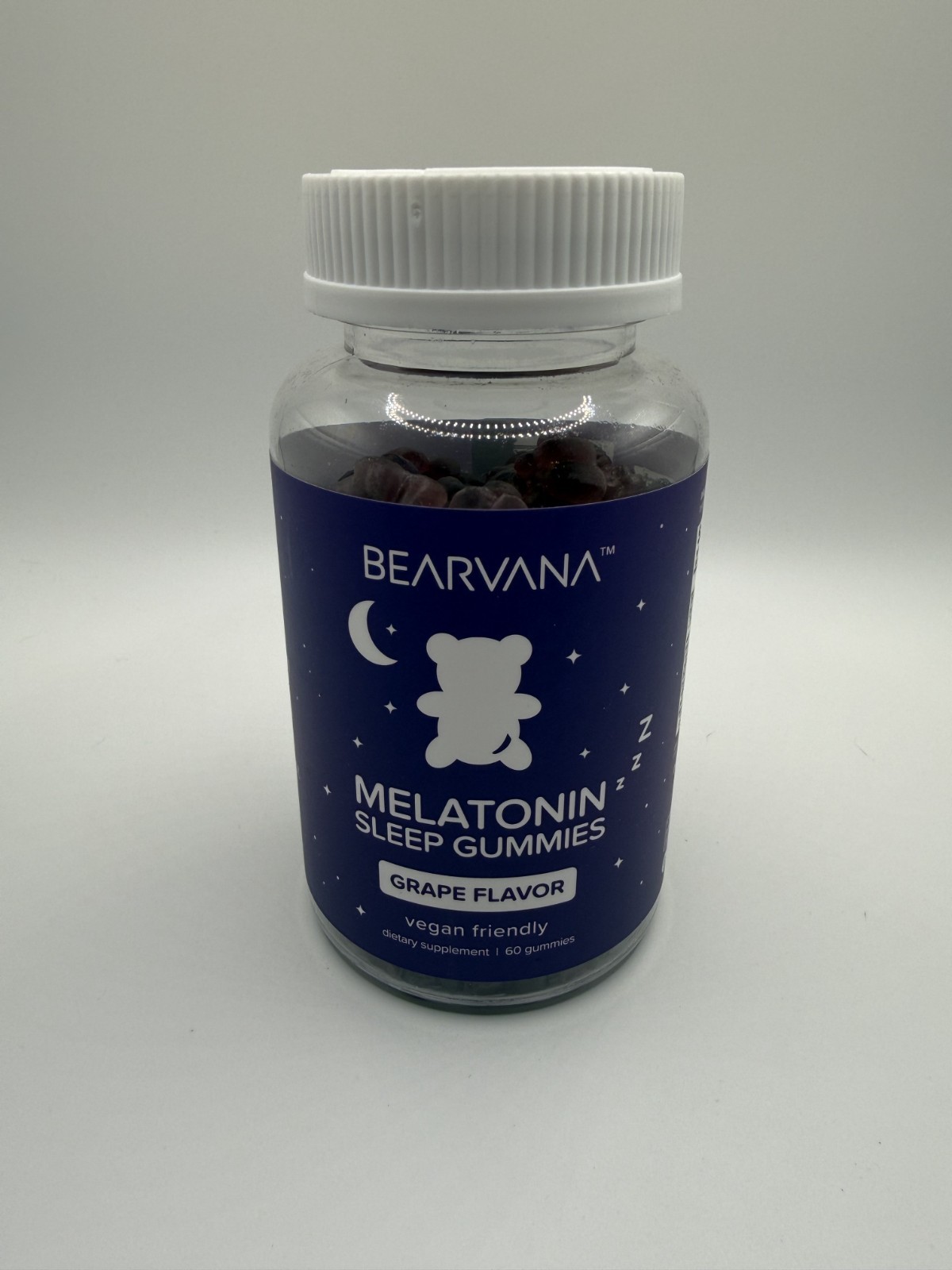 Bearvana Melatonin Sleep Gummies , Grape Flavor, Vegan 60 Gummies – Brand New