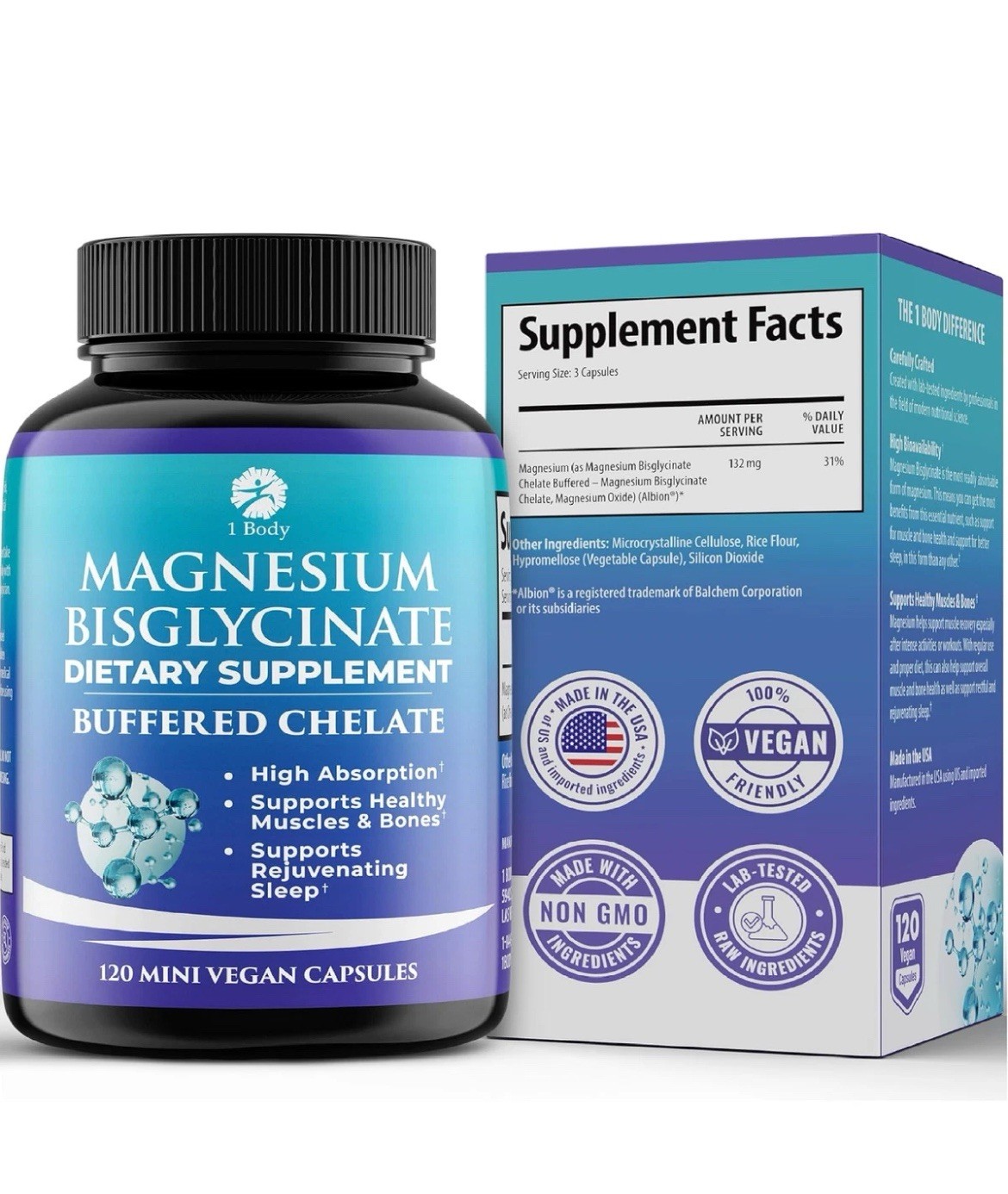 1 Body Magnesium Bisglycinate – 100% Chelated – 120 Count (Pack of 1) Vegan Caps