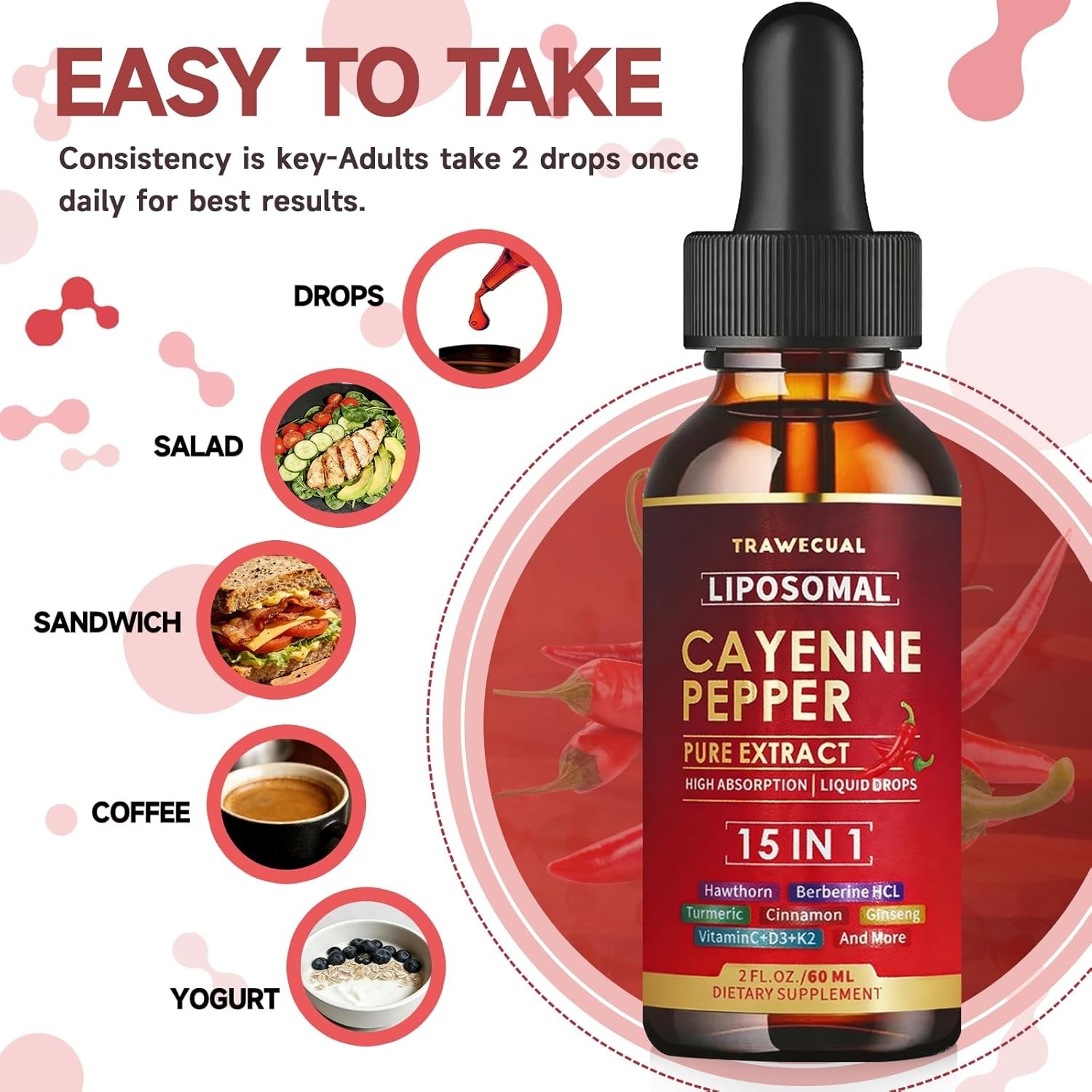 15 in1 Liposomal Cayenne Pepper Liquid Drops Supplement, with Vitamin D3 K2, Haw