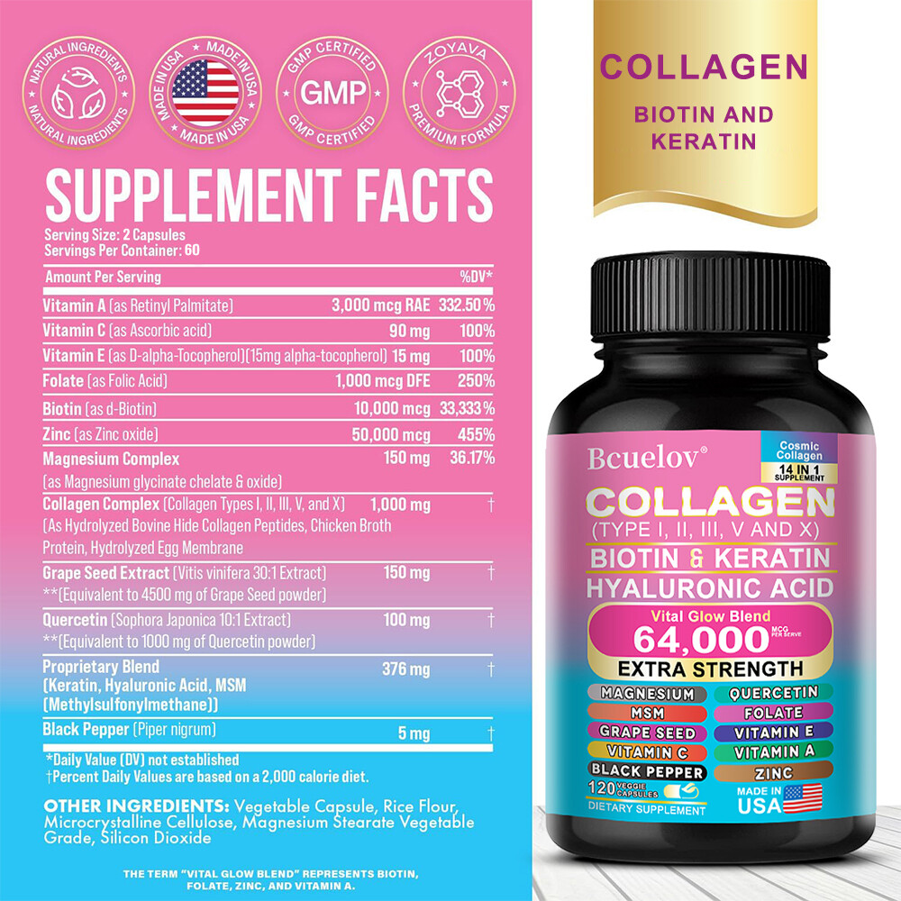 Collagen Pills Peptides Types I, II, III, V&X MCG Biotin Keratin Hyaluronic Acid