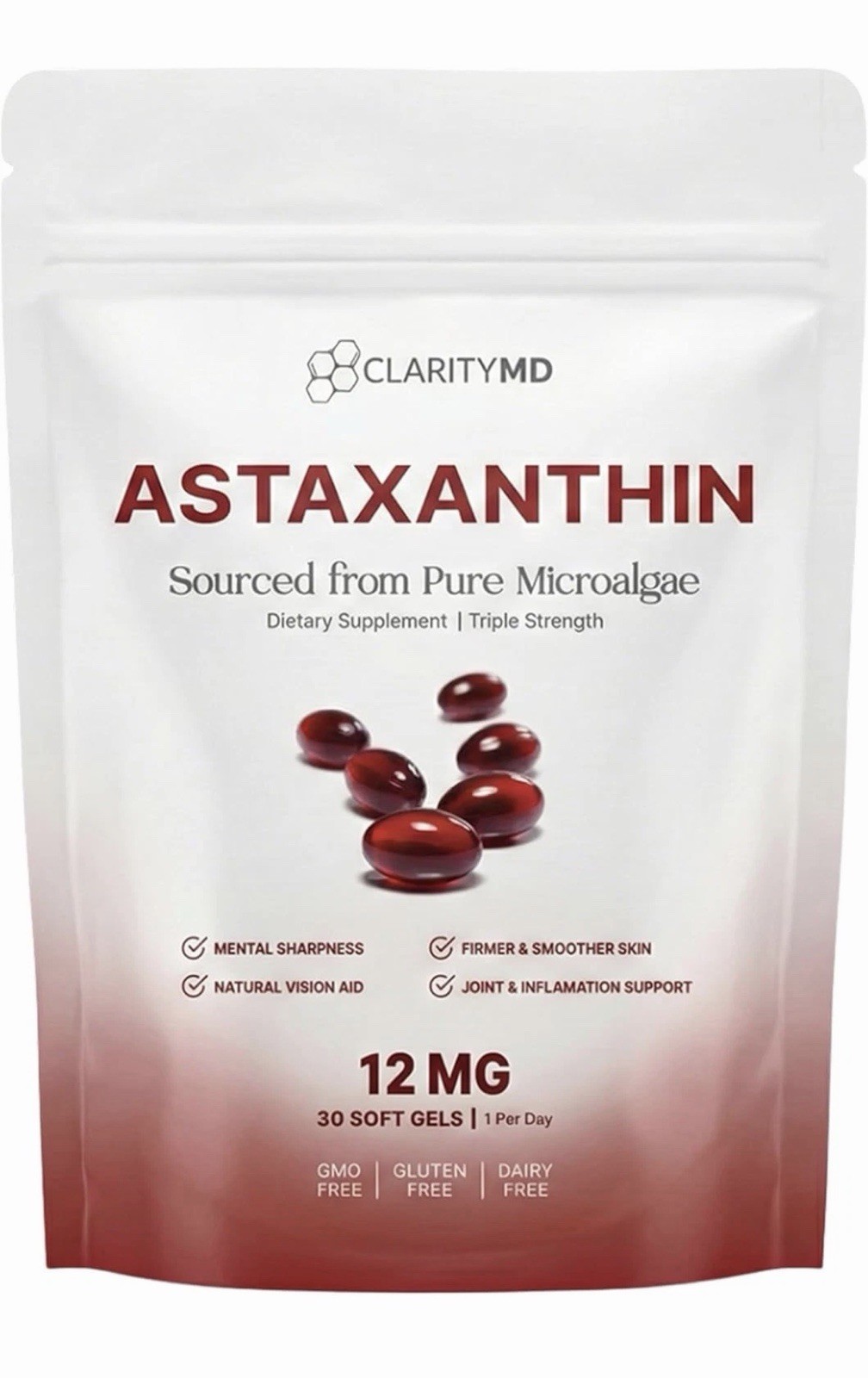 Astaxanthin 12mg Antioxidant Supplement 30 Softgels Natural Microalgae
