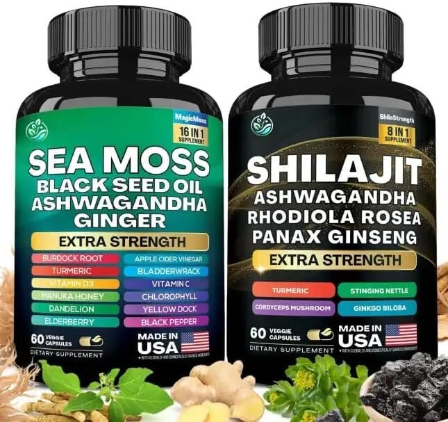 Sea Moss and Shilajit Bundle, Sea Moss 7000mg, Black Seed Oil 4000mg, Ashwagandh