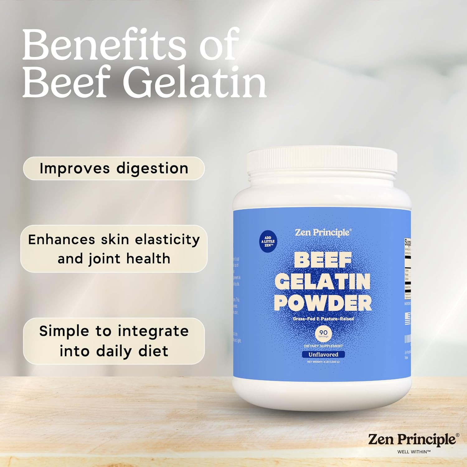 Zen Principle Gelatin Powder, Grass-Fed, 3 Lb, Unflavored, Paleo, Keto