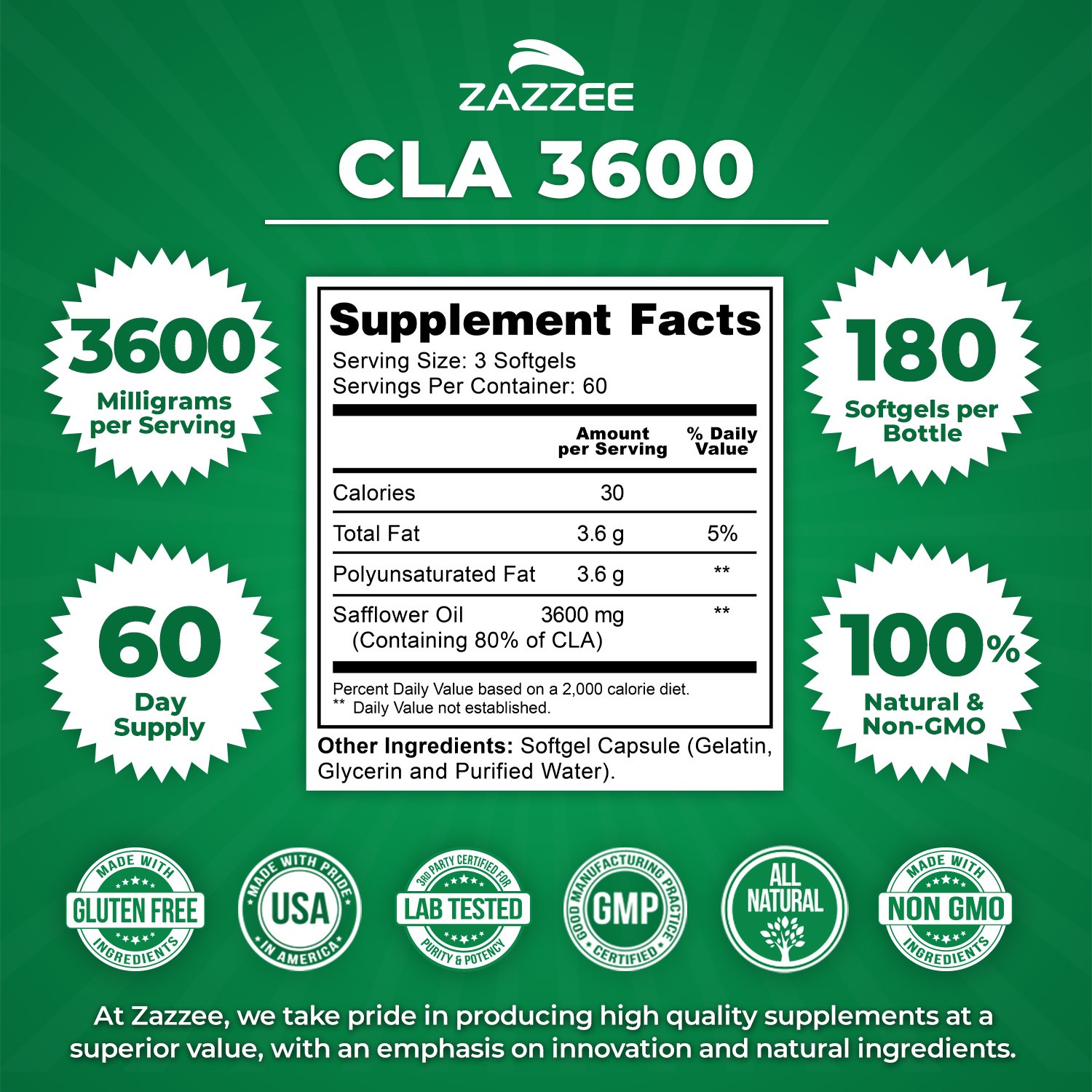 CLA 2000 mg 180 Softgels Conjugated Linoleic Acid Pure Weight Loss Fat Burner