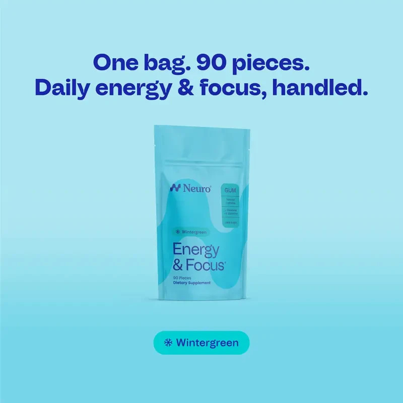 Neuro Wintergreen Energy Focus Gum 90 Pieces Sugar Free Vegan Natural Caffeine