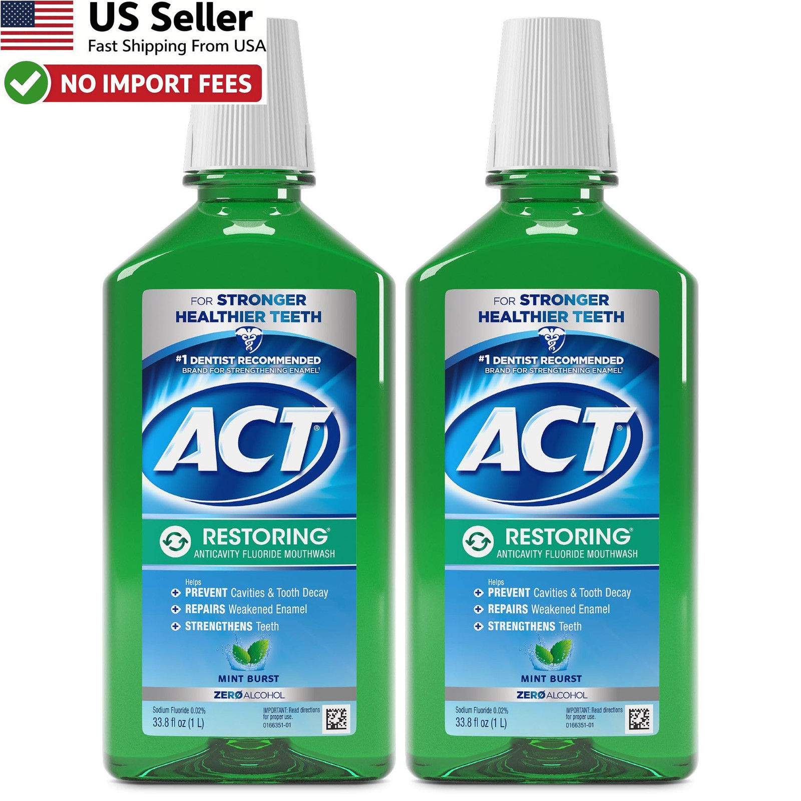 ACT Restoring Anticavity Fluoride Mouthwash Mint Burst 33.8 fl oz 2 Pack FROM US
