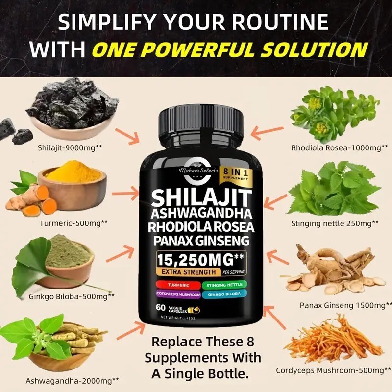 Himalayan Shilajit, Ashwagandha, Rhodiola, Ginseng – 15,250mg (USA Made)