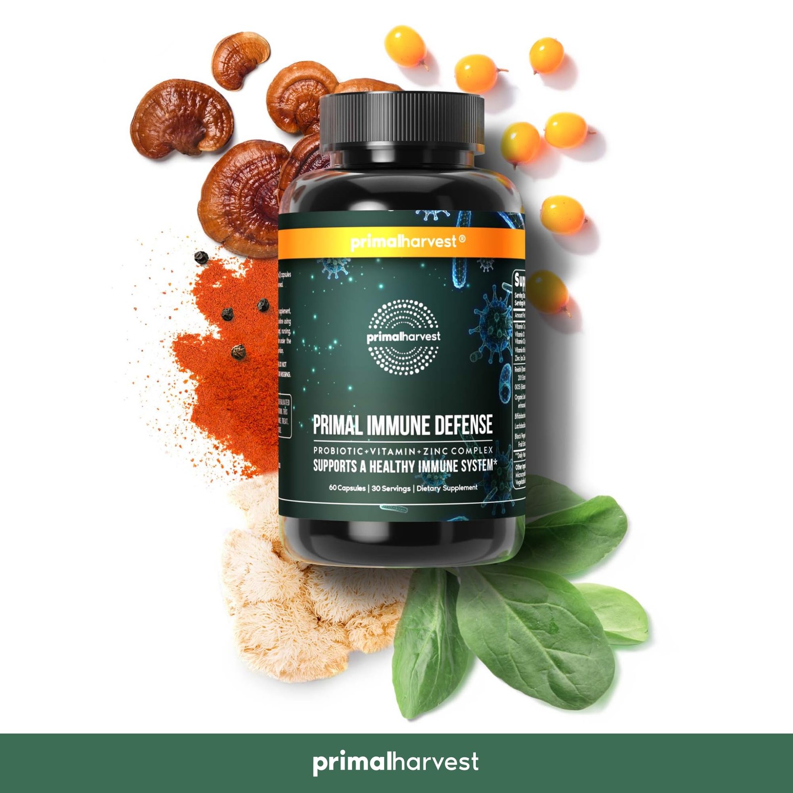Primal Harvest Primal Immune Defense 10-in-1 Immune Support Supplement, 60 Capsu