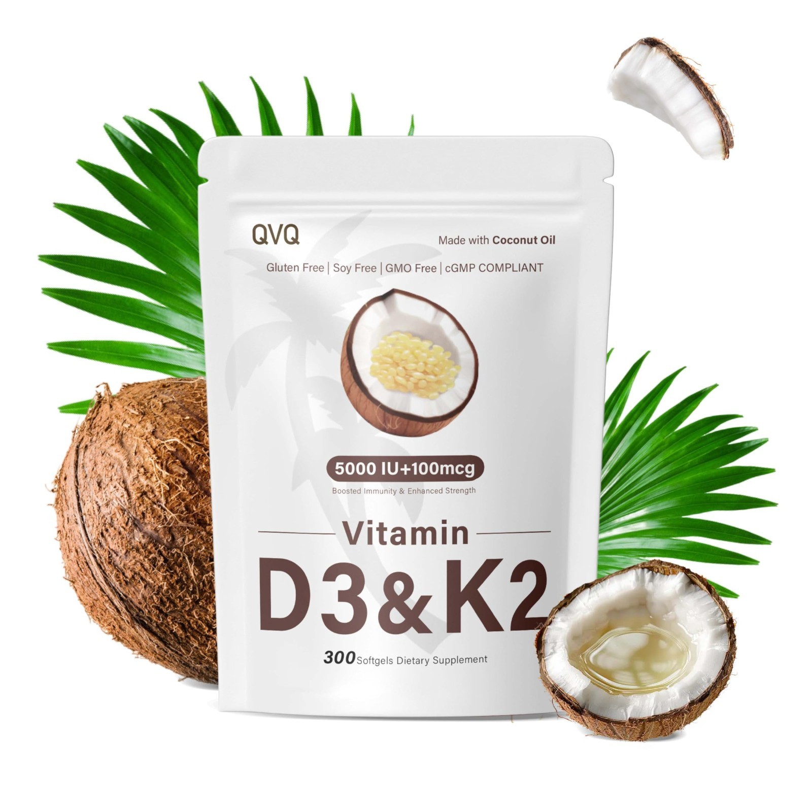 300 Pcs Vitamin D3 K2 5000 IU + 100mcg, Coconut Oil, Gluten-Free, Non-GMO