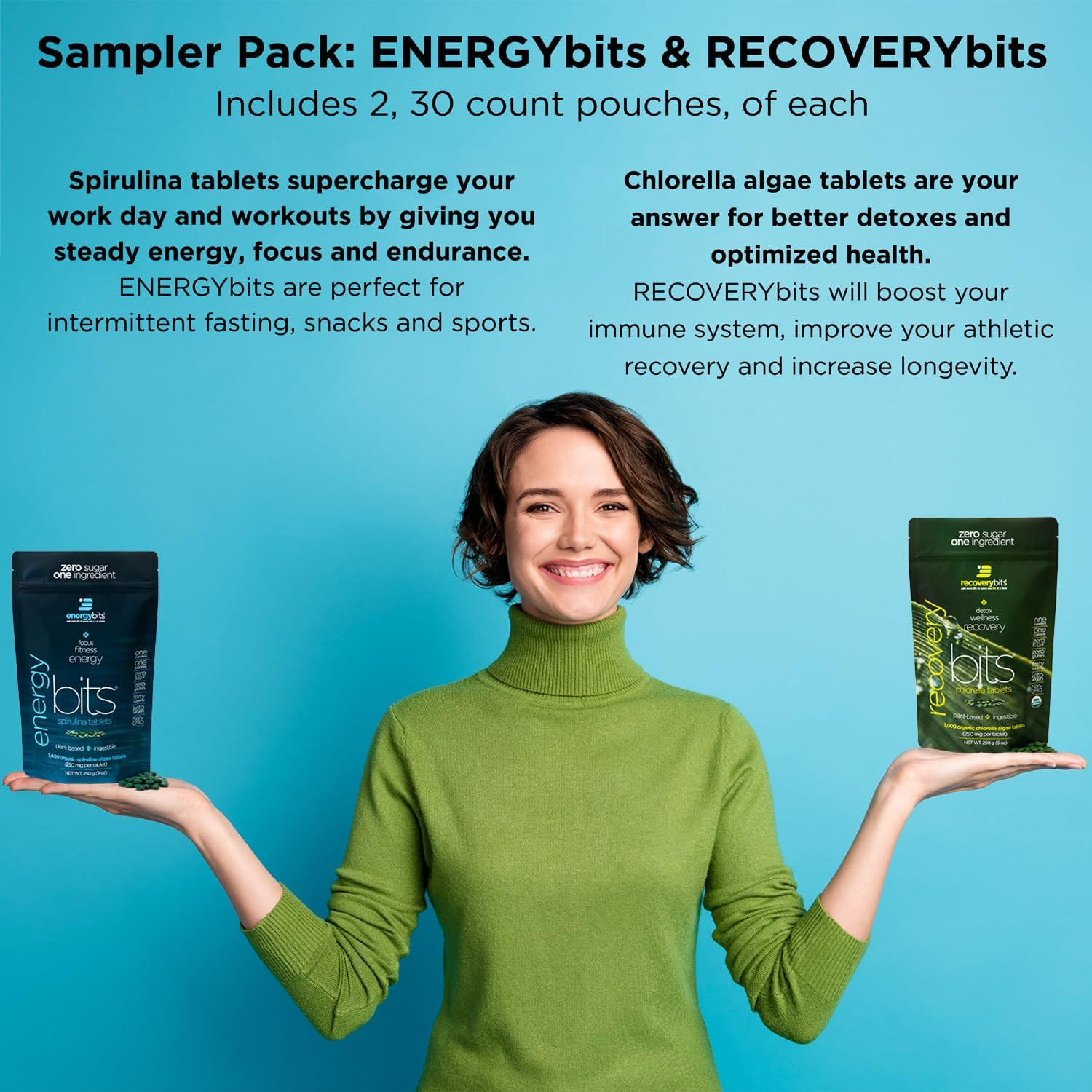 Energybits/Recoverybits – Organic Spirulina & Chlorella Tablets – Single Serving
