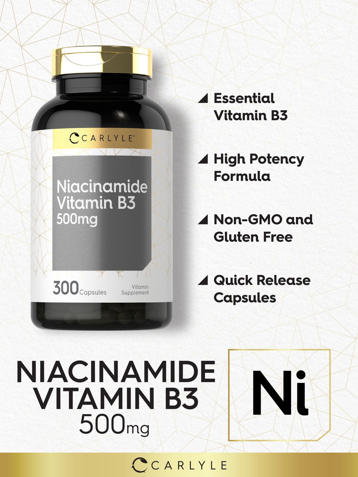 Niacinamide 500mg | 300 Capsules | Non-GMO, Gluten Free Supplement | by Carlyle