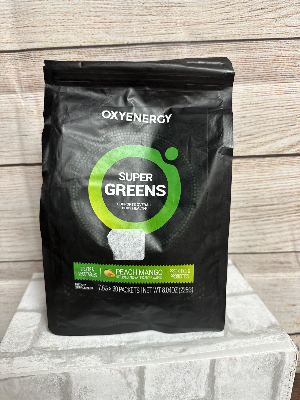 Oxyenergy Super Greens Peach Mango Health Support 30 Packets 08/27