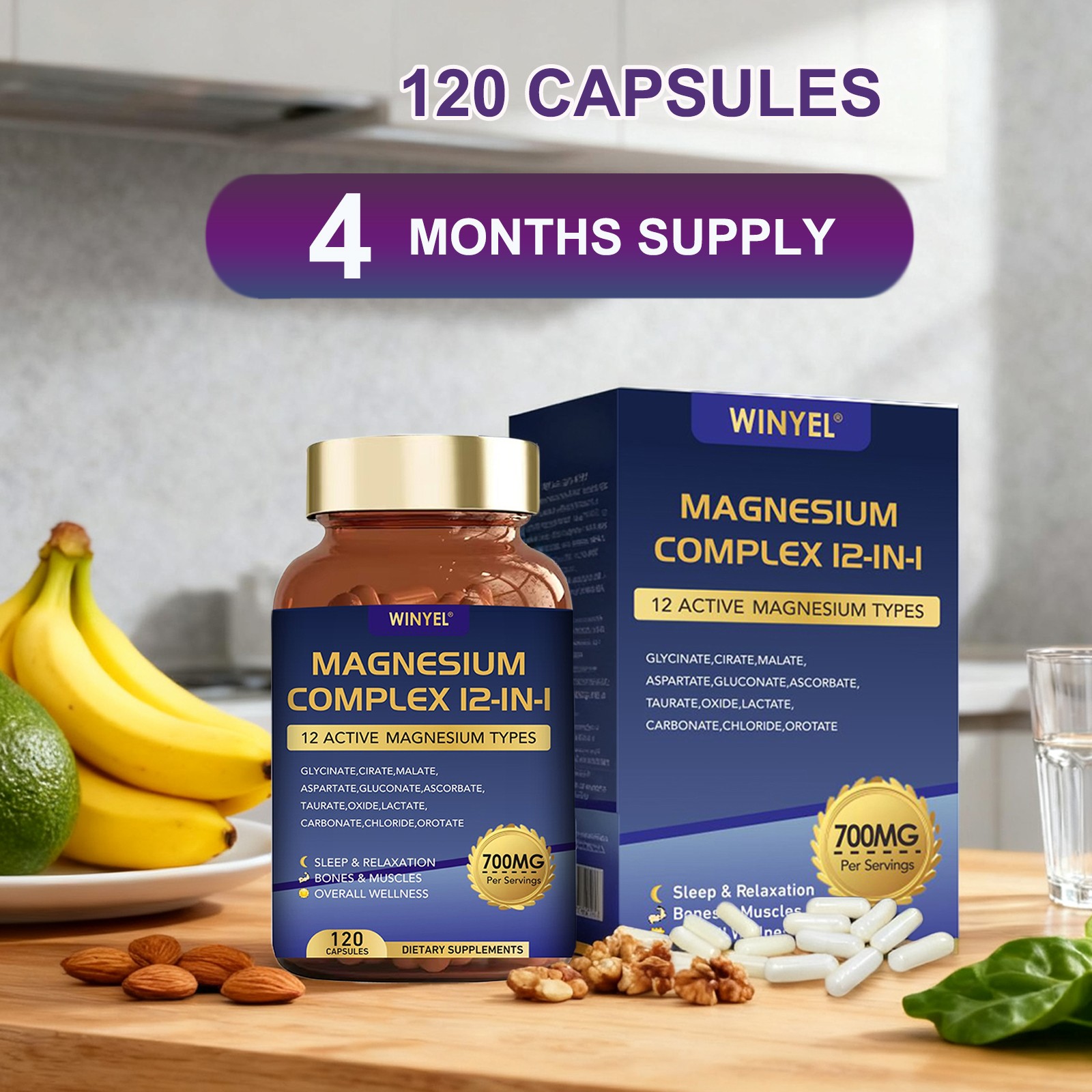 WINYEL Magnesium Complex 700mg Glycinate Citrate Malate 12-in-1 120 Capsules