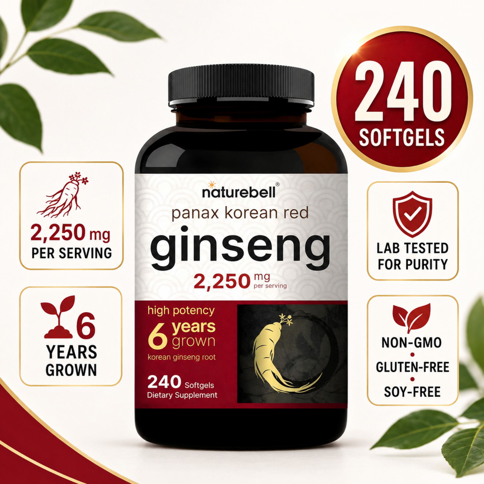 Panax rojo coreano Ginseng 2250mg para energía, rendimiento y enfoque mental