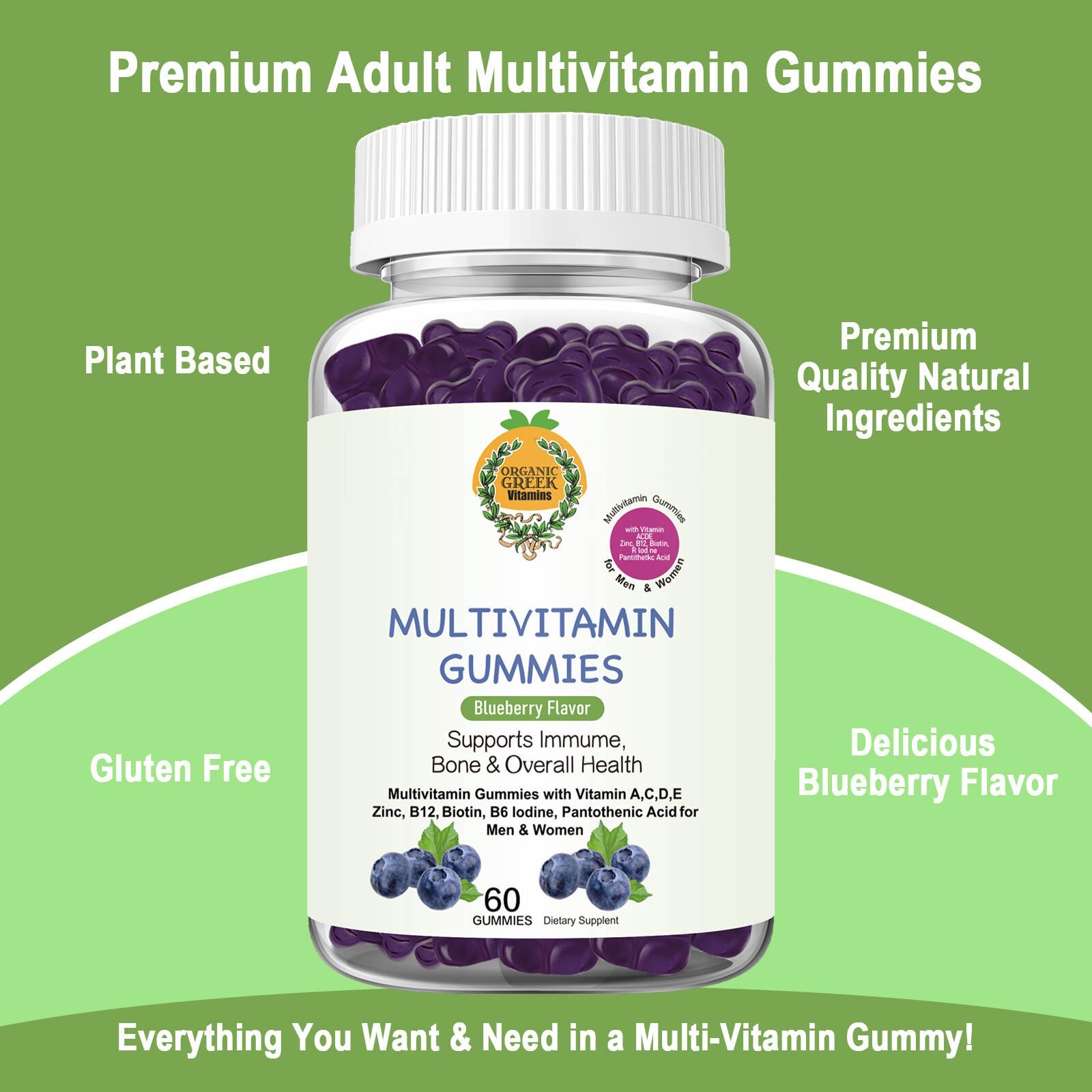 Blueberry Organic Greek® Multivitamin Vitamin A, C, D, E, Zinc, B12, Biotin more