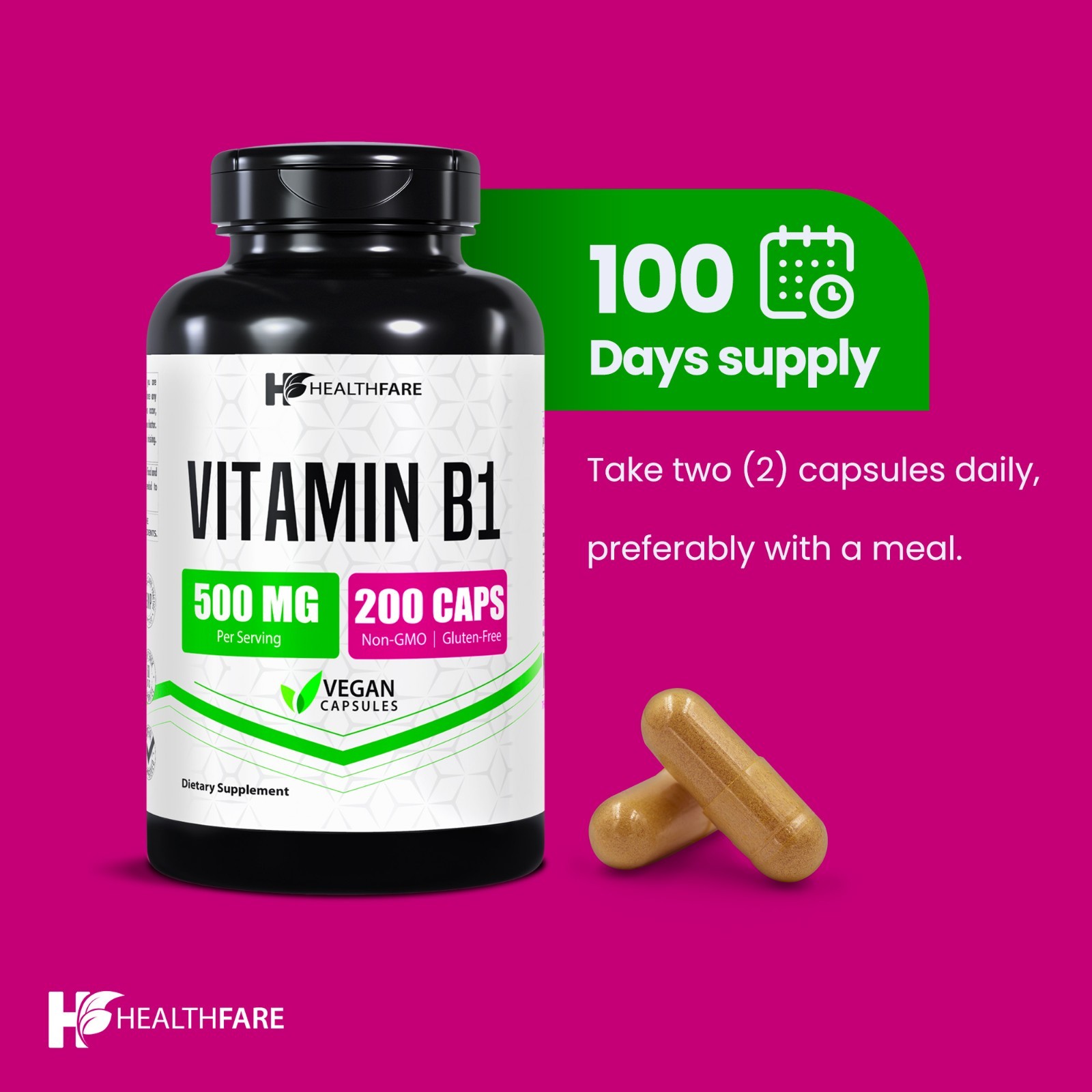 Healthfare Vitamin B1 500mg 200 Vegan Capsule Thiamine Supplement Overall Health