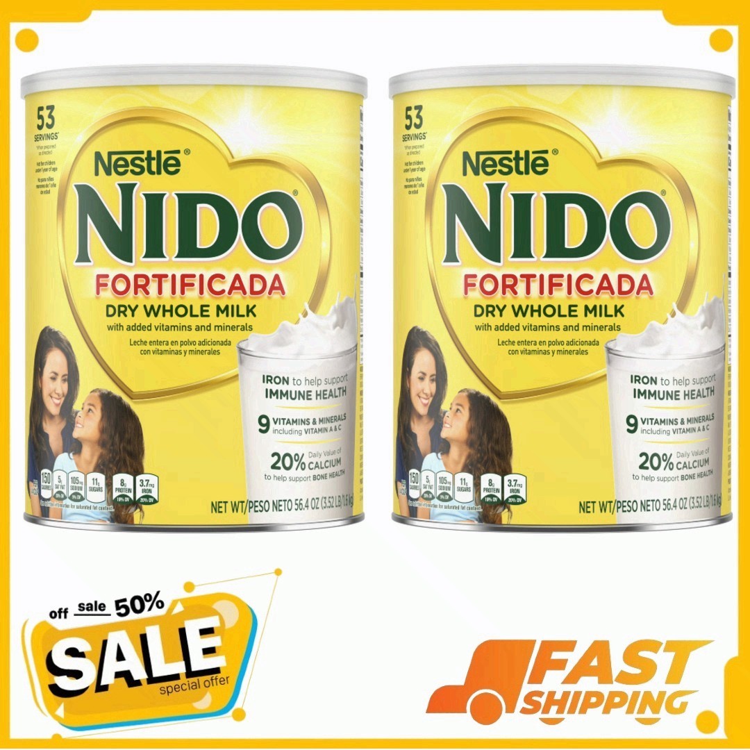 2 Pack NIDO Fortificada Dry Whole Milk Powder with Vitamins A, C, D, 56.4 oz Can