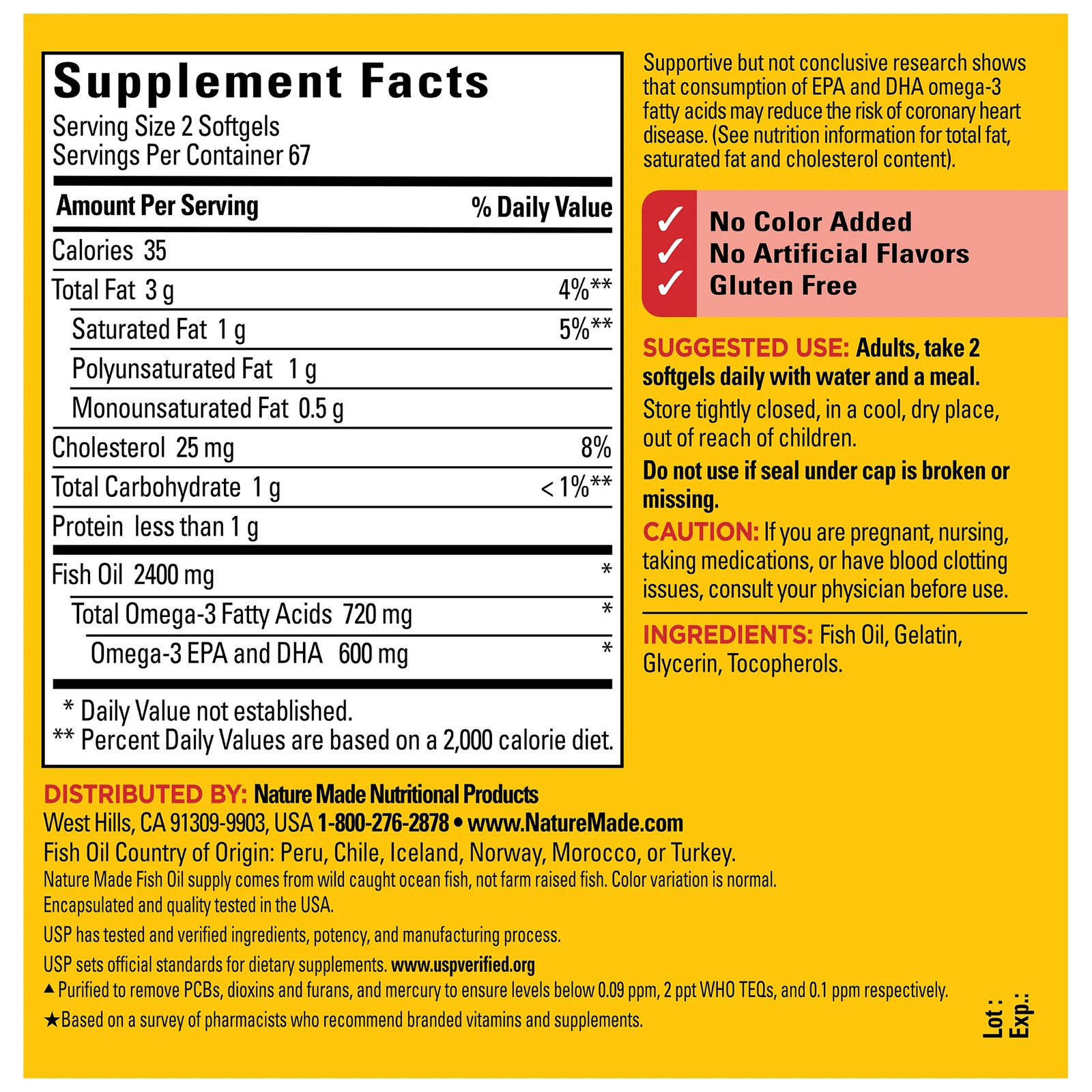 Nature Made Fish Oil 2400mg Omega 3 Softgels Dietary Supplement 134 Count