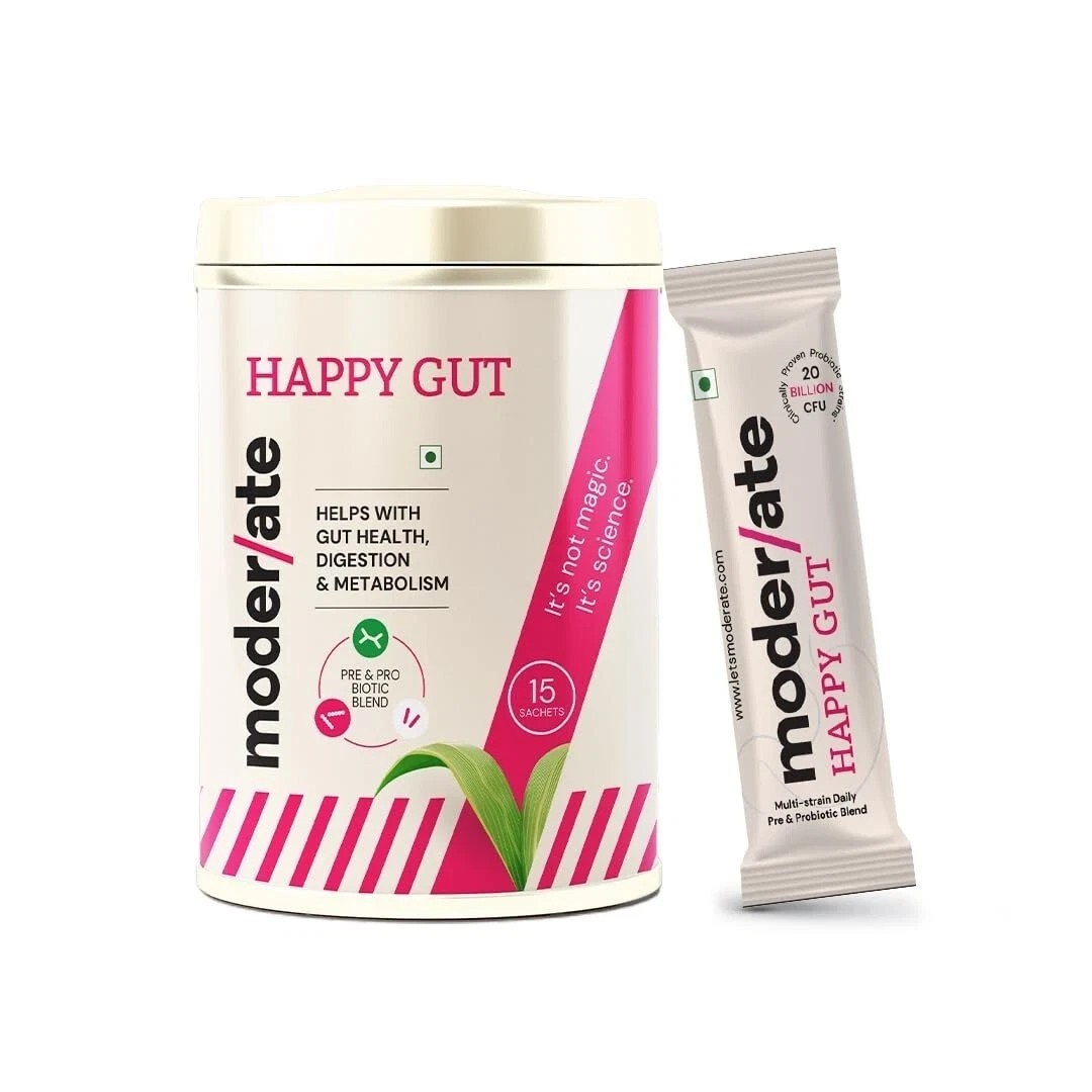 Moderate Happy Gut Pre & Probiotic Supplement , Promotes Gut Health, 15 Sachets