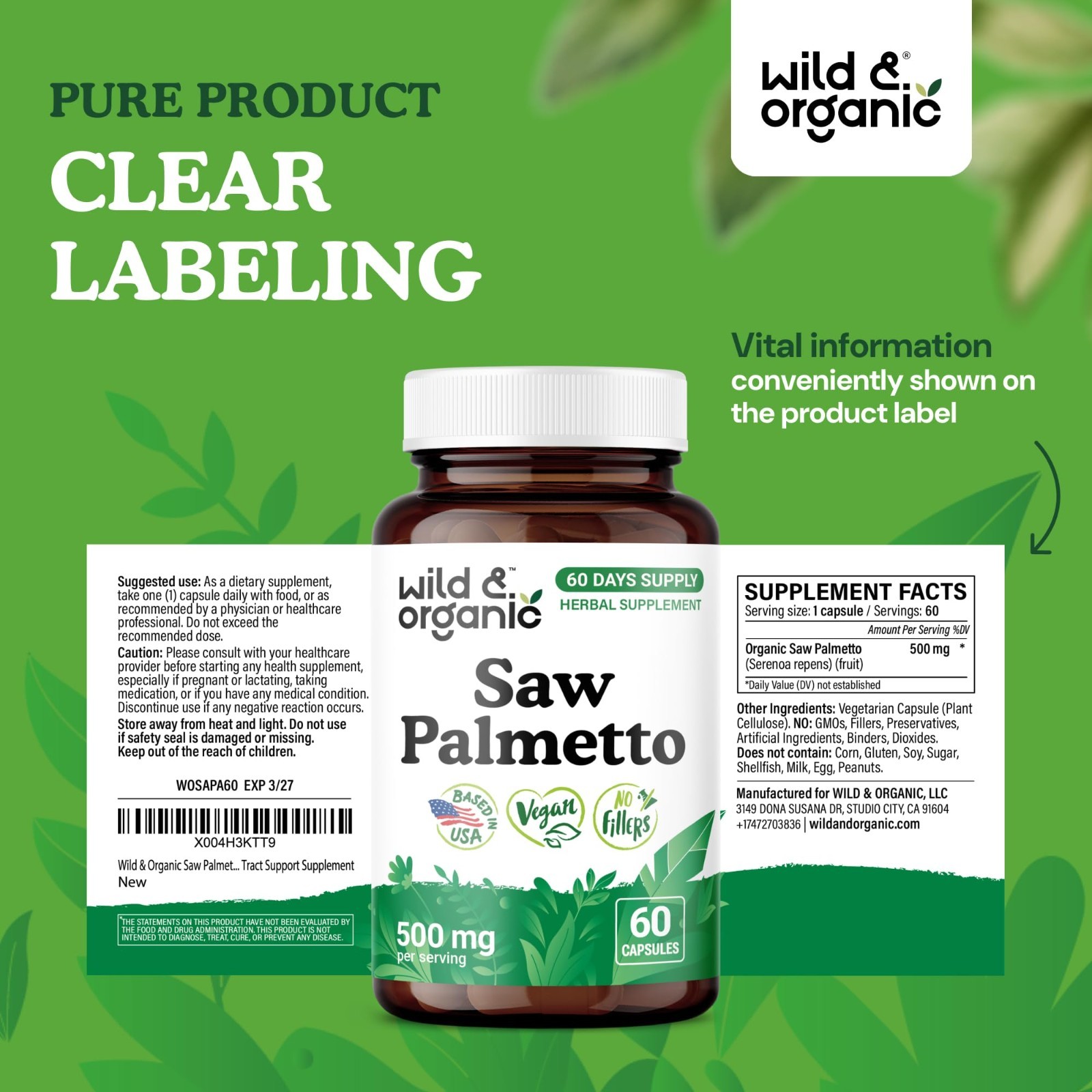 Organic Saw Palmetto Capsules 500mg – Urinary Tract Support for Men & Women – 60