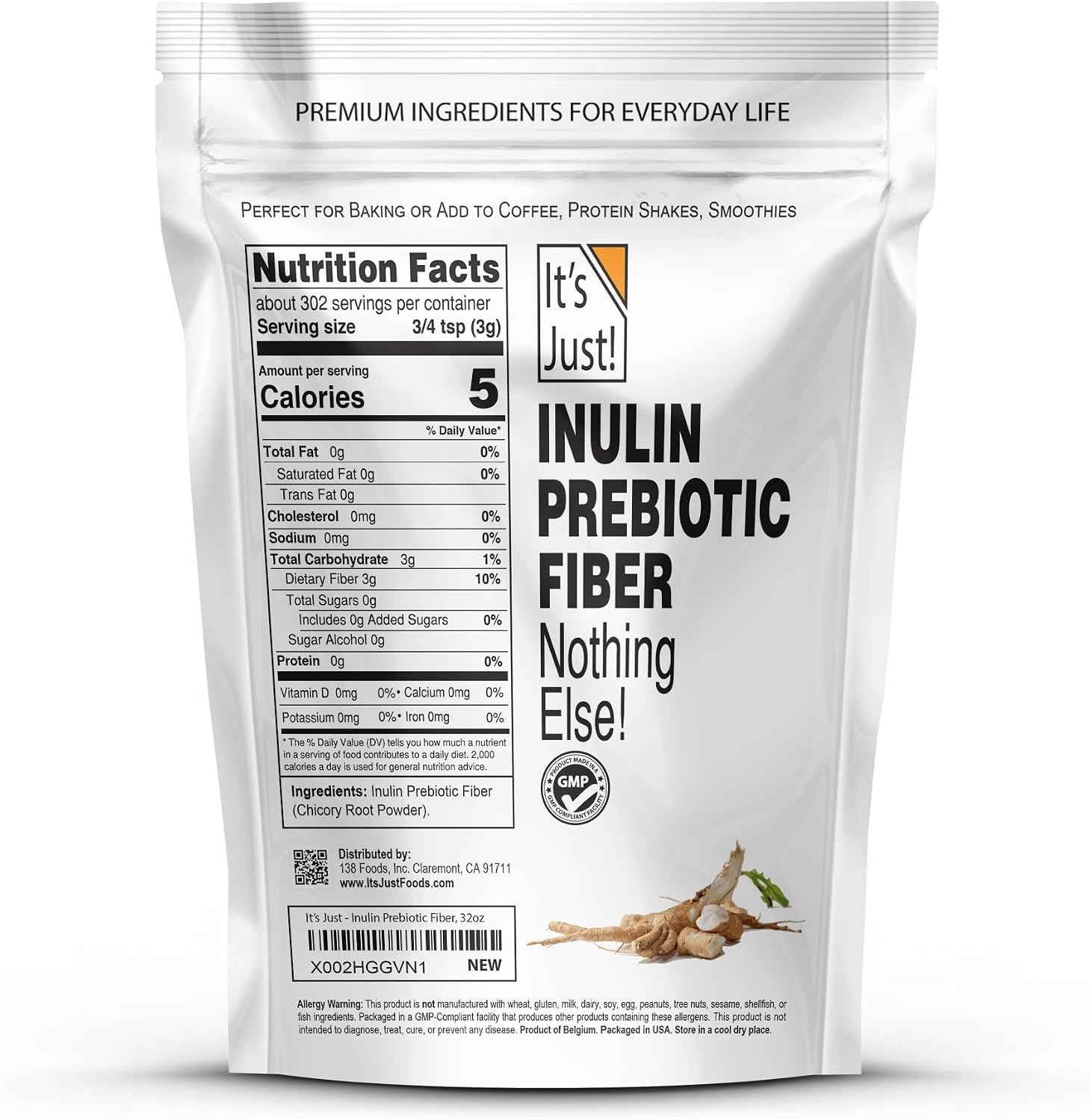 Chicory Root Inulin Powder – Gluten-Free, Water-Soluble Prebiotic Fiber, 2 lbs