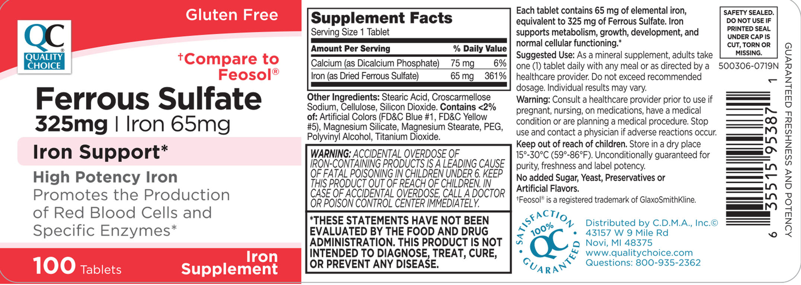 Quality Choice Ferrous Sulfate 325mg Iron Tablets, 100 Count – Pack of 2