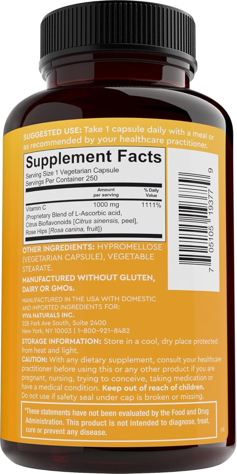Viva Naturals Vitamin C, 1000 Mg, 250 Capsules Citrus Bioflavonoids EXP:04/27