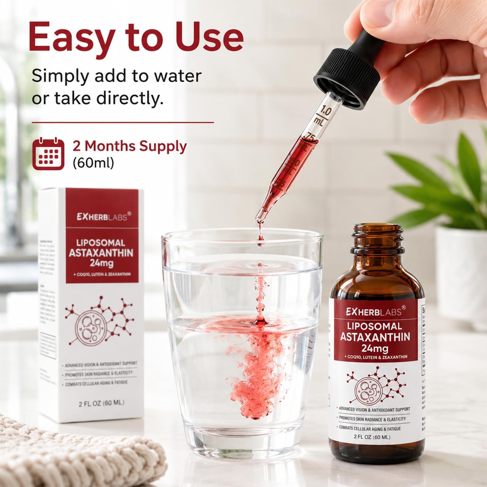 Liposomal Astaxanthin 24mg Liquid Drops – Antioxidant for Skin & Eye Health, Non