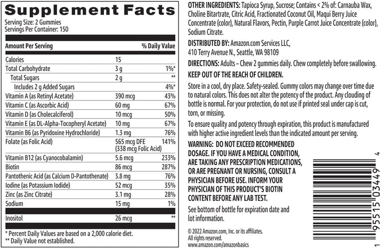 Amazon Basics Adult Multivitamin Gummies, Mixed Berry & Cherry, 150 Gummies, 75-