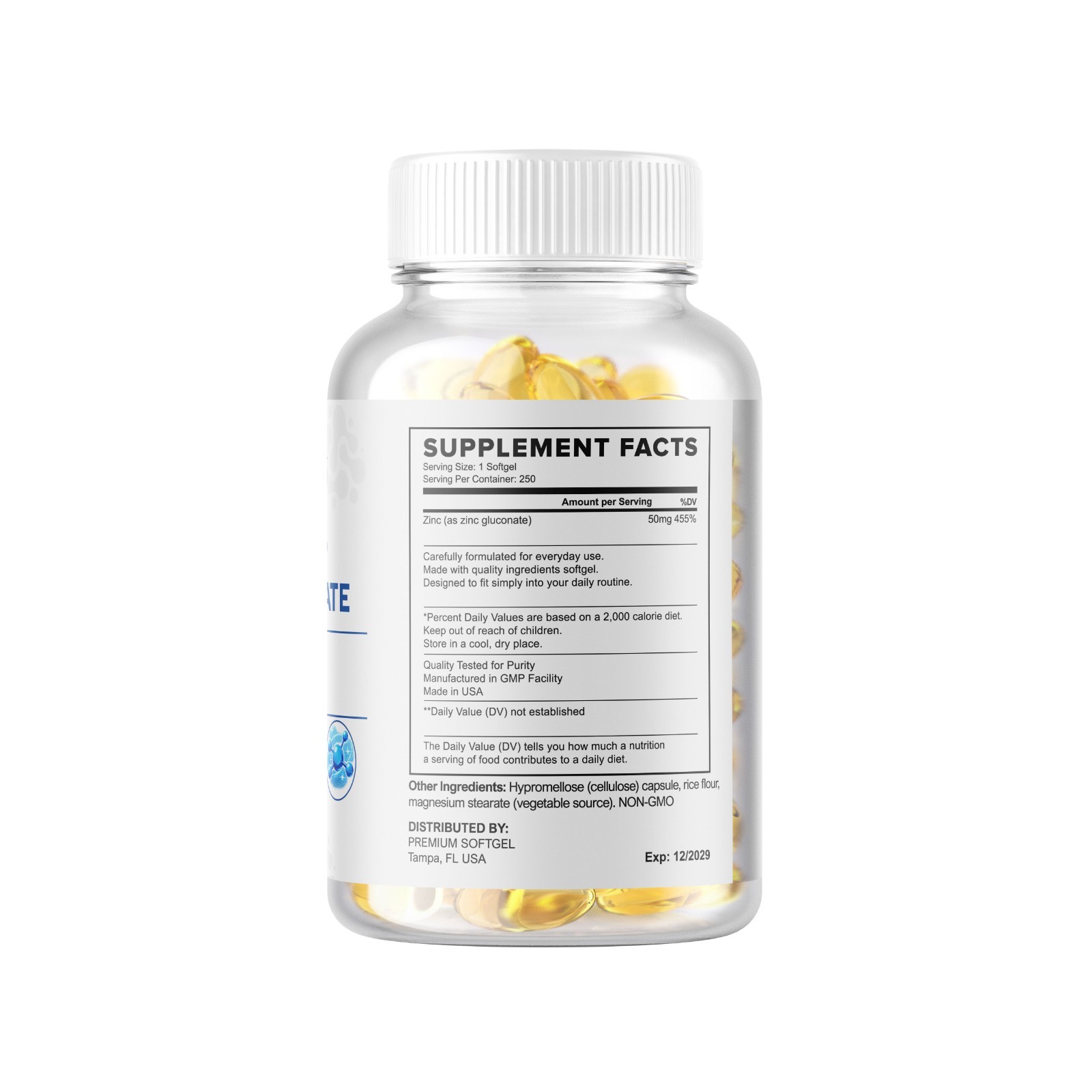 Zinc Gluconate 50mg 250 Servings Softgels Gluten Free Non-GMO
