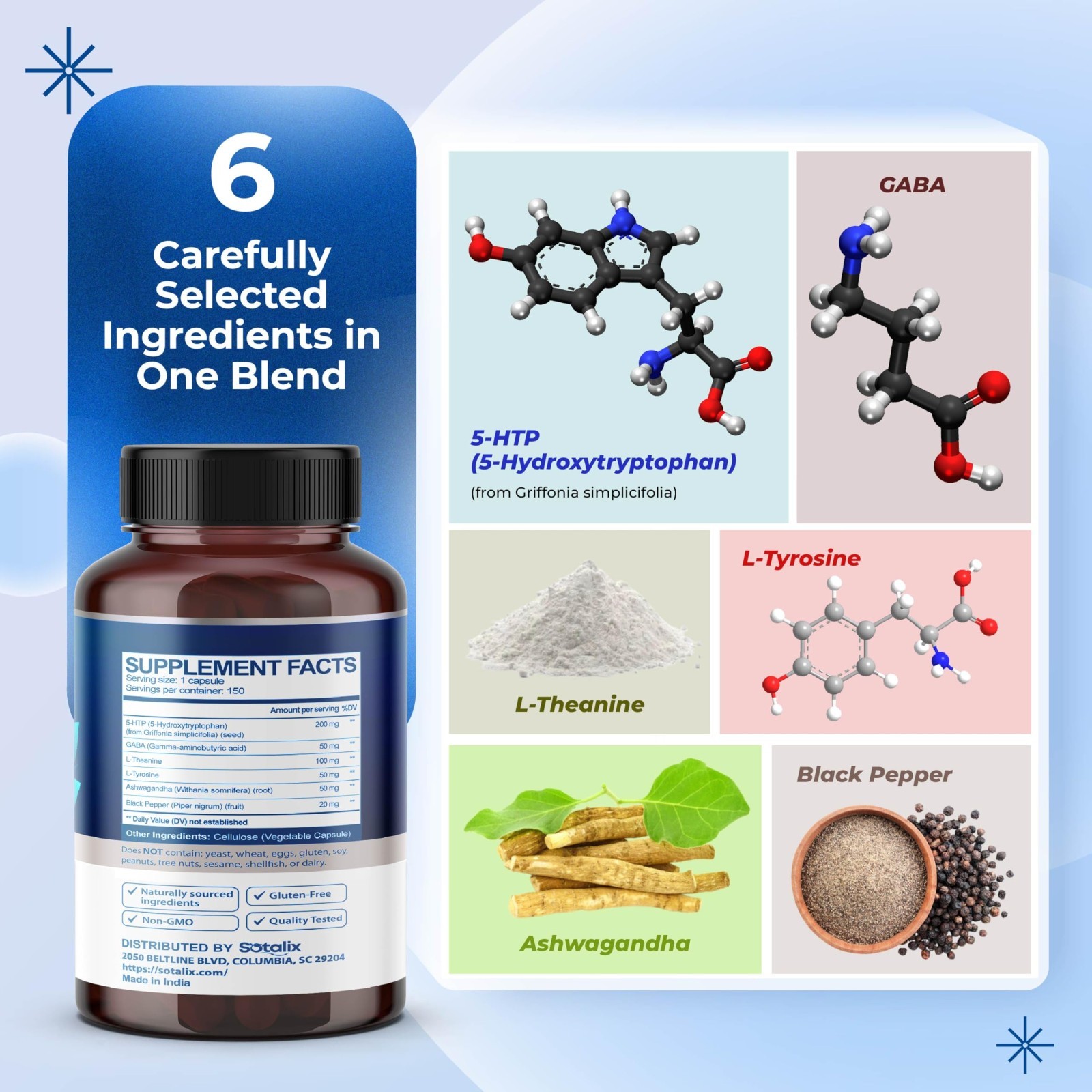 5-HTP GABA L-Theanine L-Tyrosine Mood Focus Memory Energy Sleep Support 150 Days