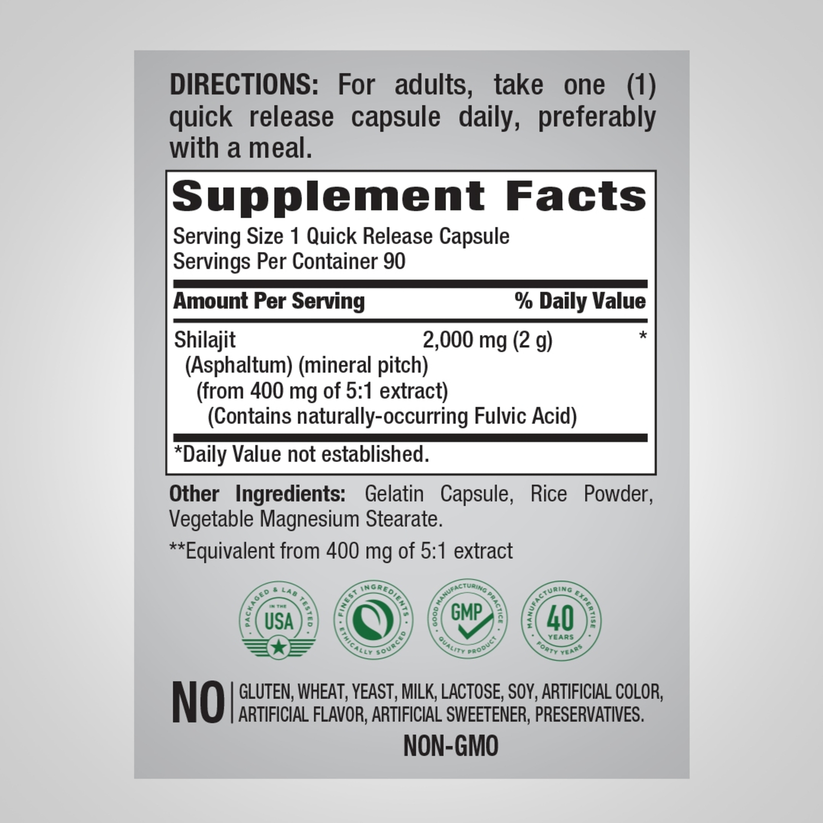 Pure Shilajit 2000mg 90 Caps Naturally Occurring Fulvic Acid Non GMO/No Gluten