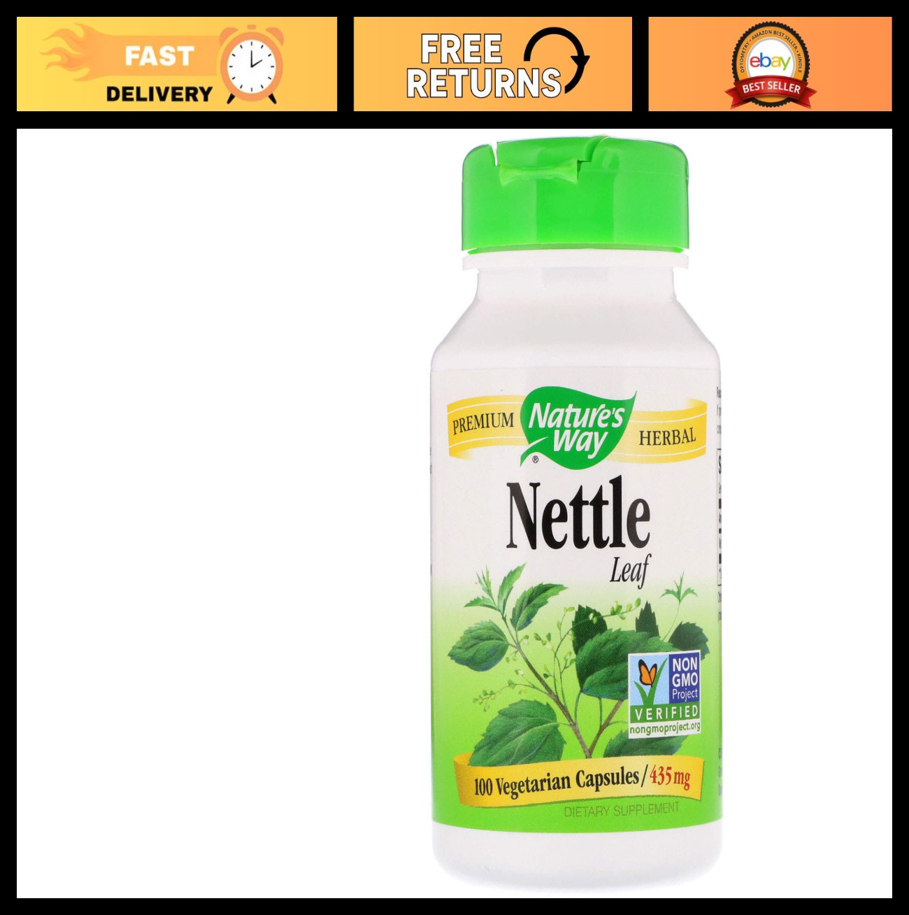 Nettle Leaf 435mg – TRU-ID Certified, Non-GMO, Vegetarian, 100 Capsules, 2 Pack