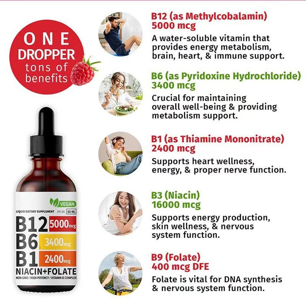 5 In 1 Vitamin B Complex – B6 B1 B12 Liquid Drops 5000mcg – 1PC USA