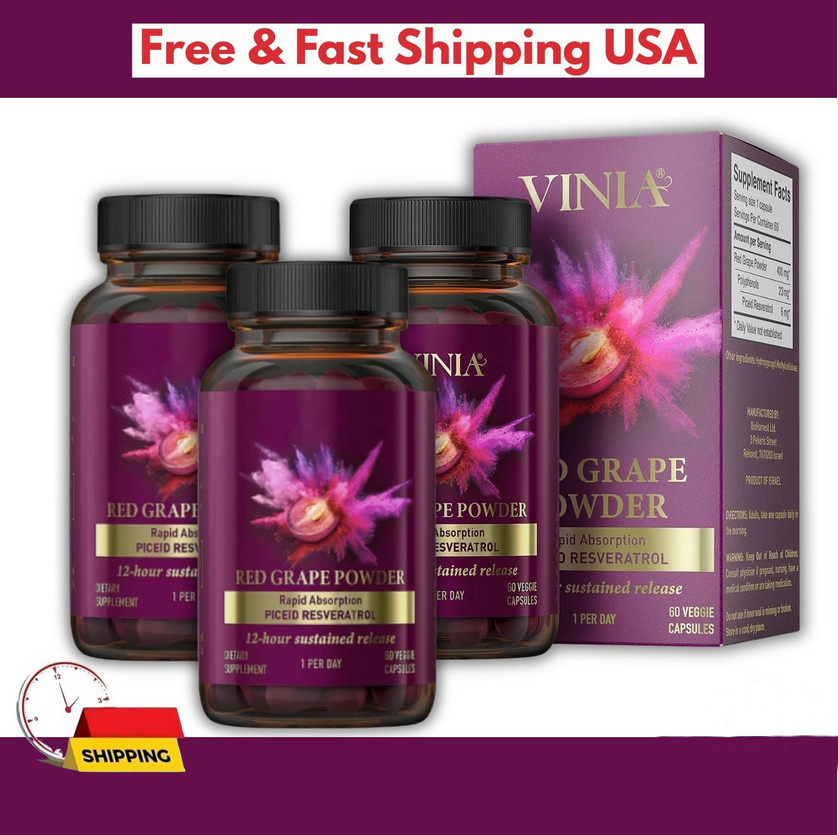 (3 Packs) Vinia Red Grape Powder Rapid Absorbtion Piceid Resveratrol 180Capsules