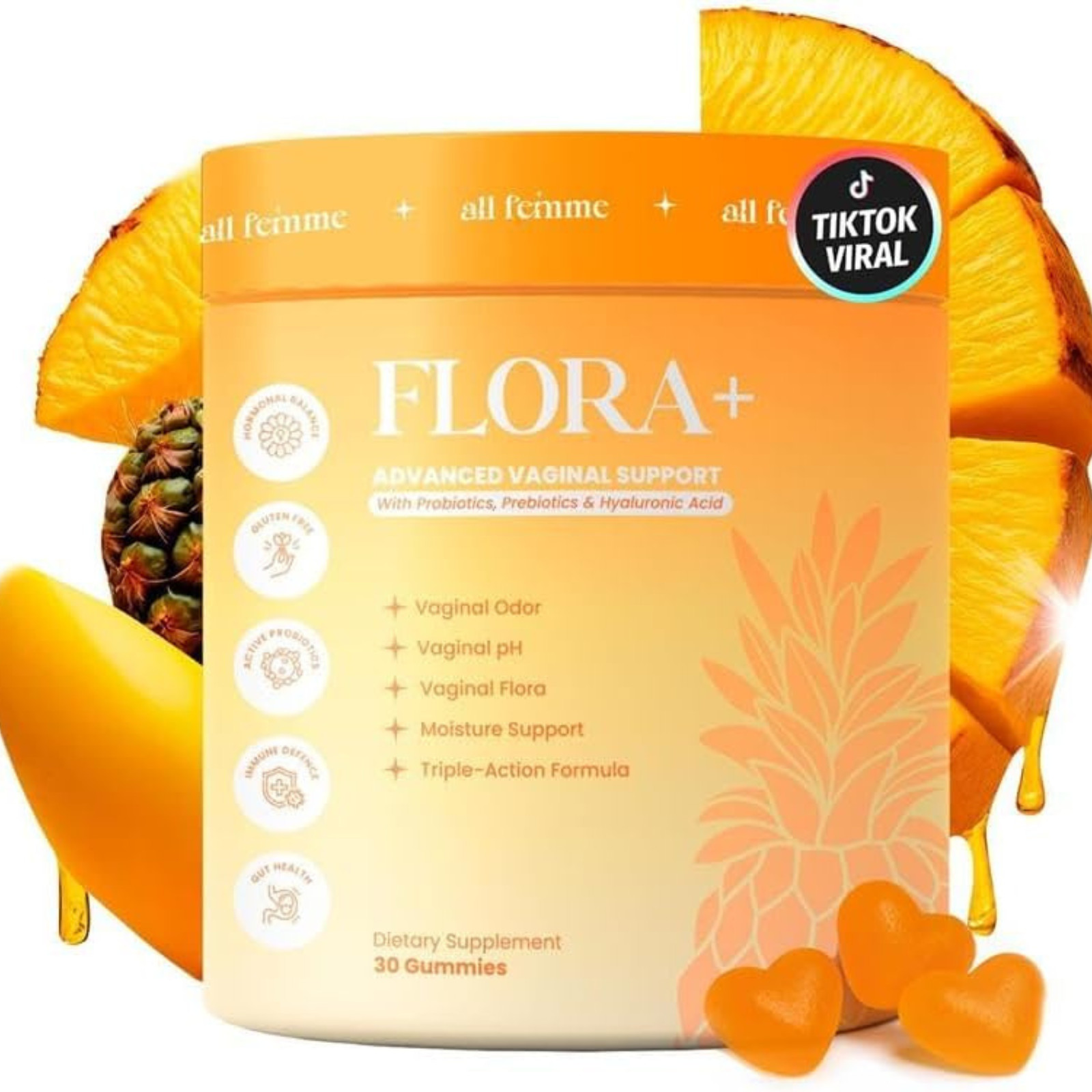 ALL FEMME Flora+ Vaginal Support Probiotic Gummies Pineapple 30ct EXP 2028