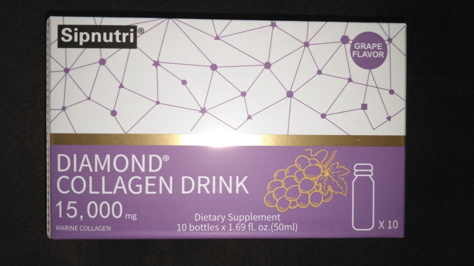 Sipnutri Diamond Marine Collagen Drink 15000mg Grape Liquid Peptides 10 Bottles