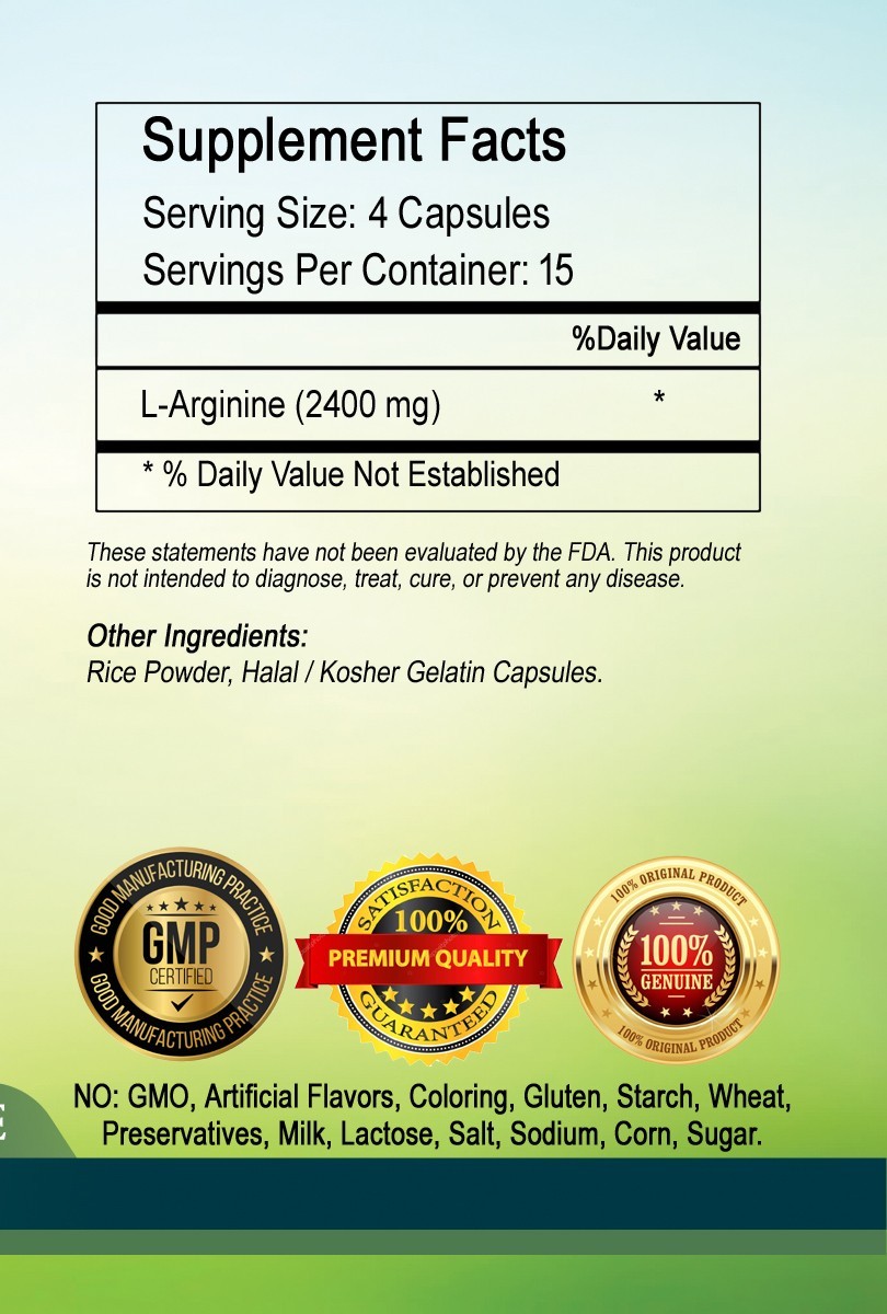 L-Arginine Nitric Oxide Booster Capsules 2400mg Per Serving – Super Potency