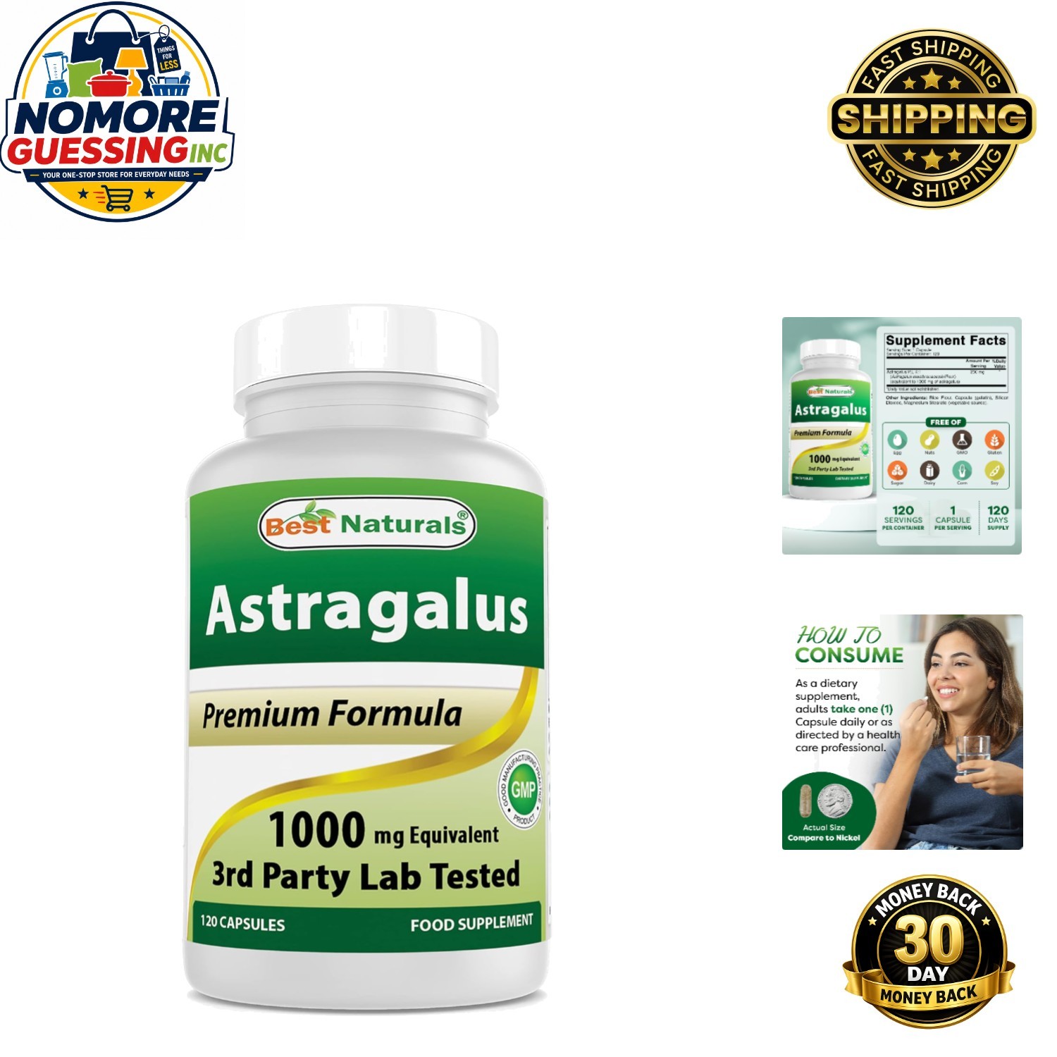 Astragalus 1000 mg Capsules, 120 Count – Pure Energy Boost, Lab Tested