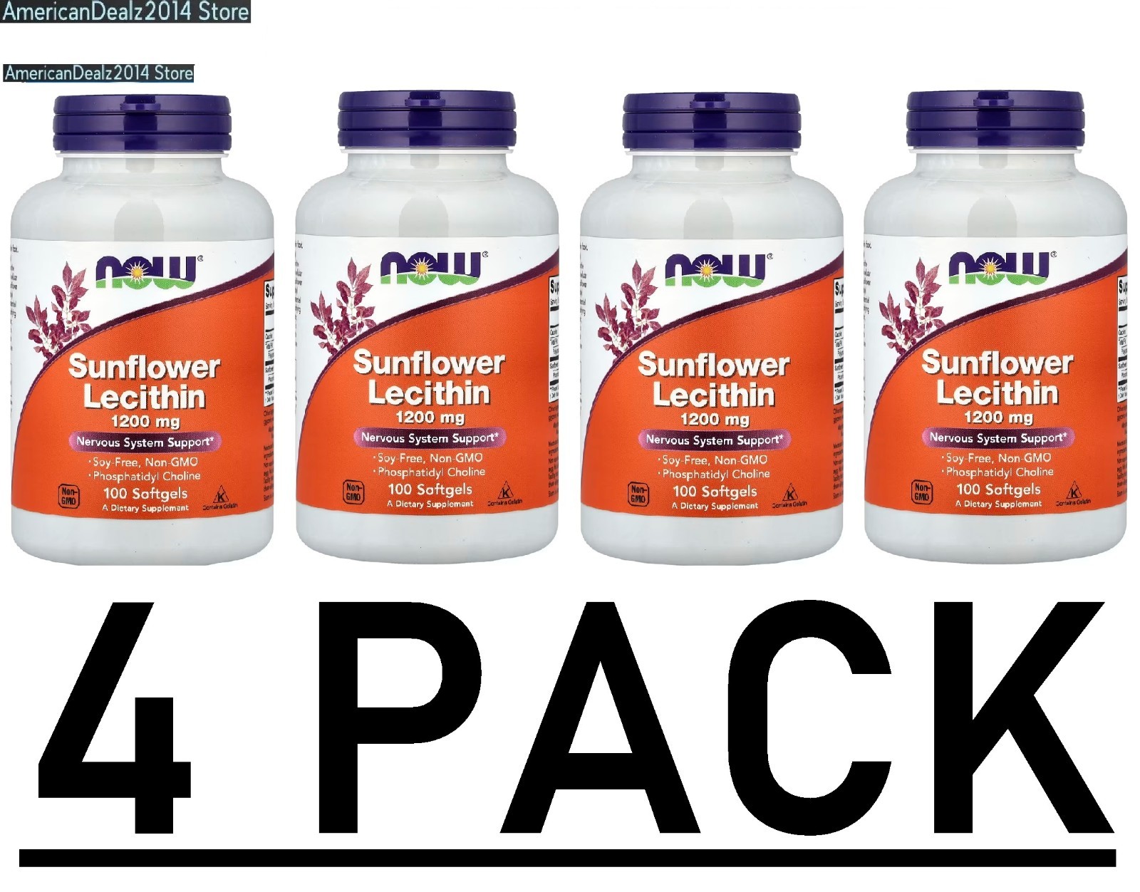 4 PACK – Sunflower Lecithin, 1,200 mg, 100 Softgels (Total 400 Sgels) – NEW