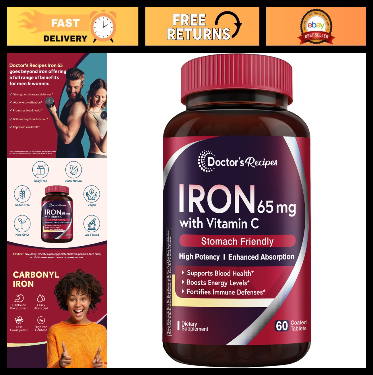Iron Supplement 65mg with Vitamin C – Vegan, Non-GMO, Stomach Friendly Pills for