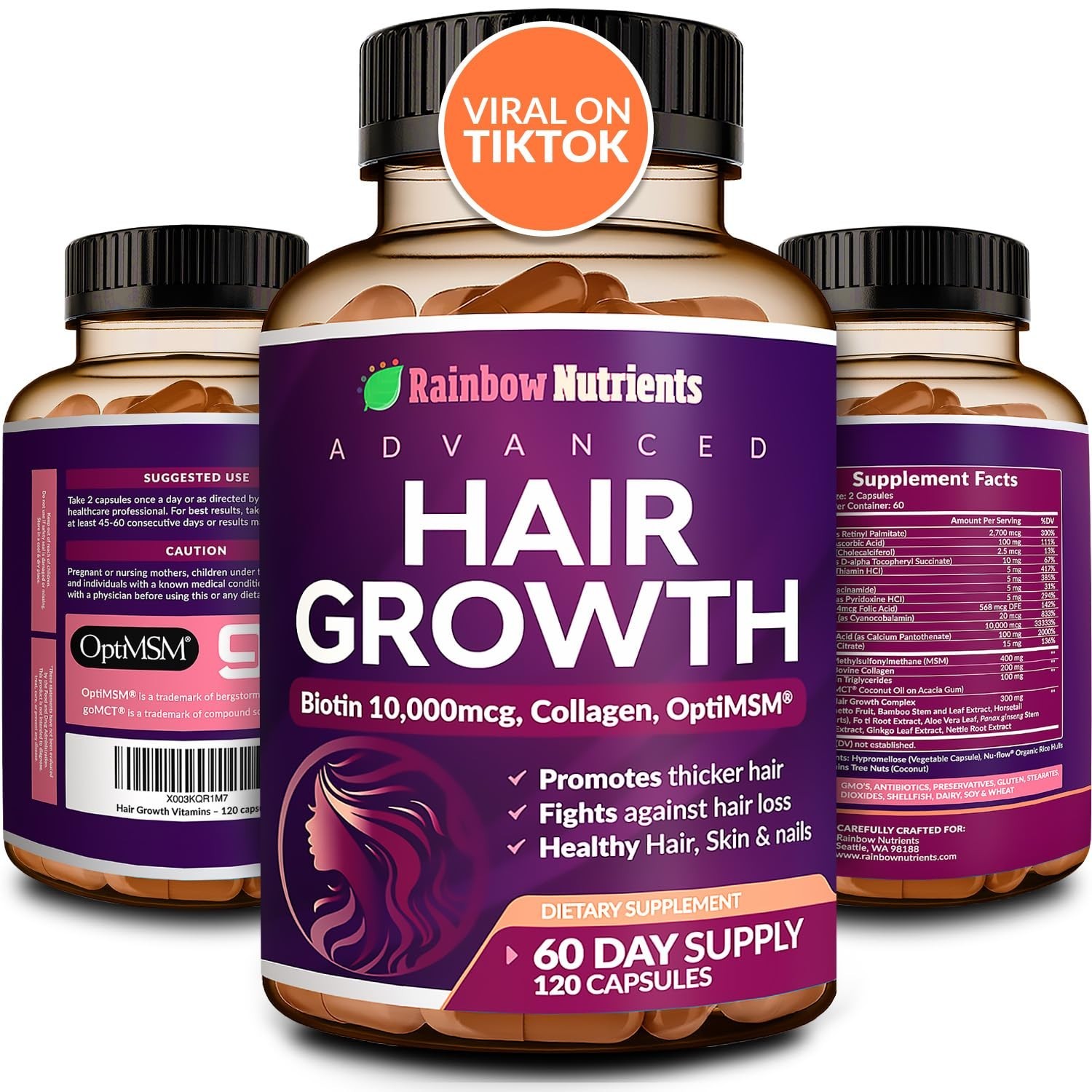Hair Growth Vitamins Patented Women | Biotin 10000mcg Collagen designed for O…