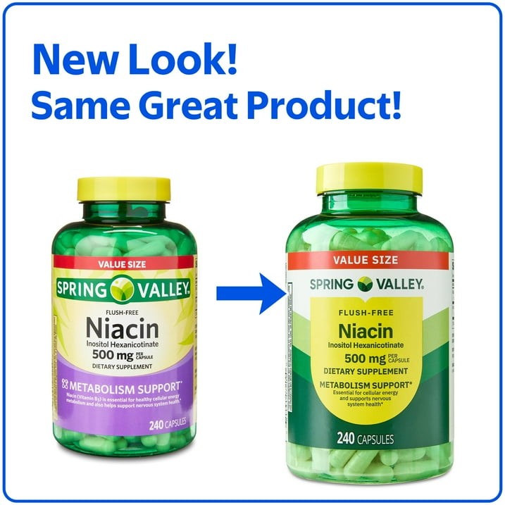 Spring Valley Flush Free Niacin 500mg Metabolism Support Capsules, 240 Count