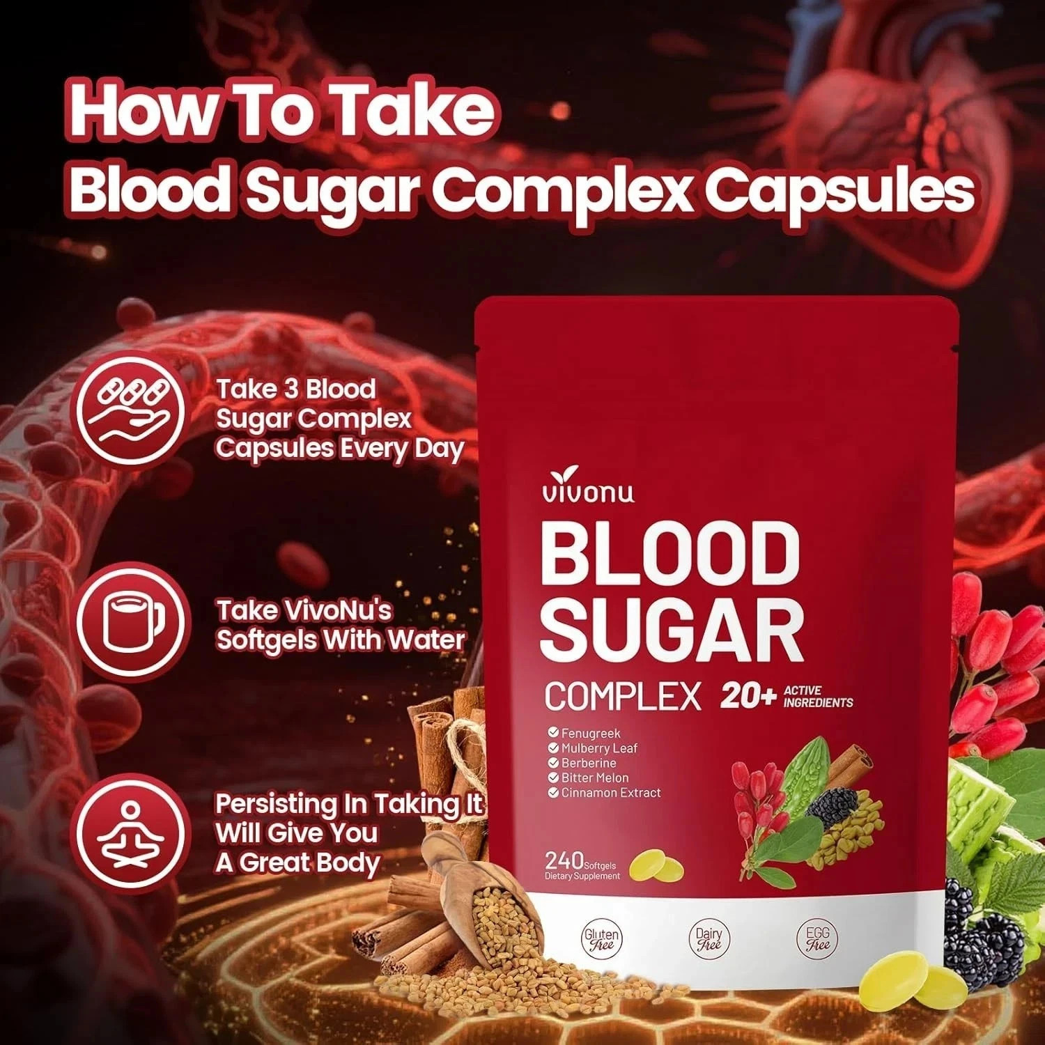 VivoNu Blood Sugar Complex Supplement with 20 Herbs and Vitamins 240 Softgels